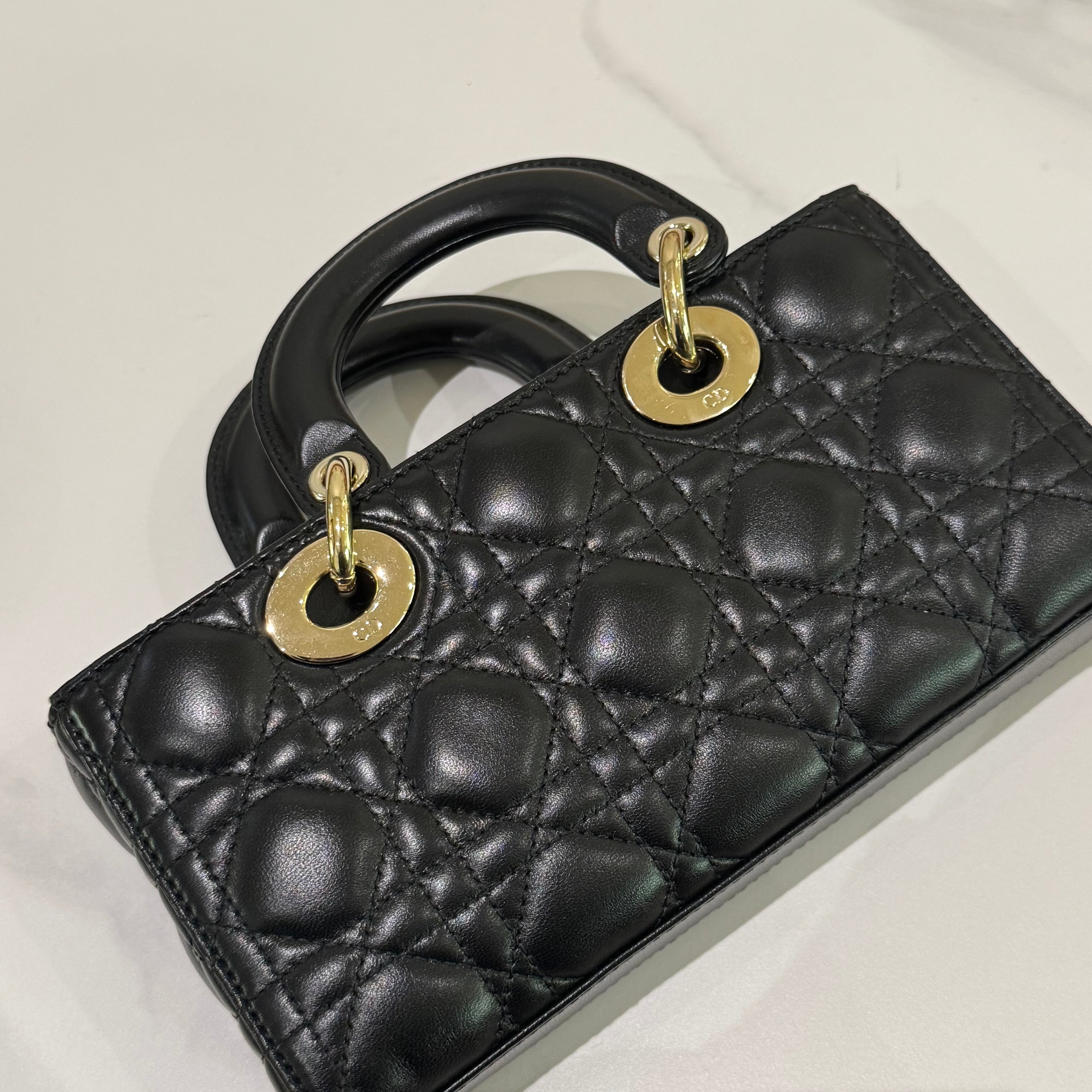 LADY DIOR HORIZONTAL SMALL BAG BLACK LAMBSKIN WITH GOLD HARDWARE
