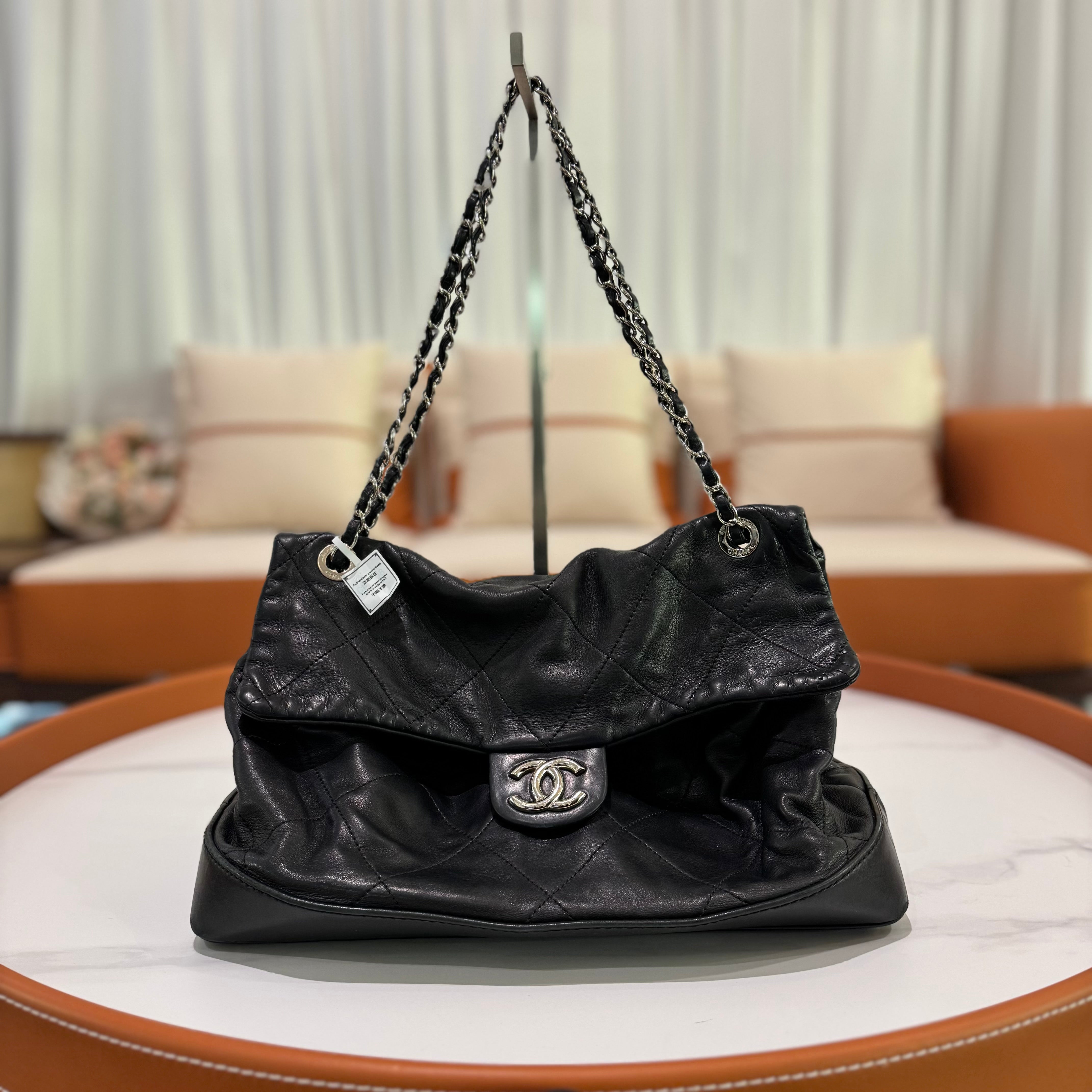 CHANEL SHOULDER BAG BLACK LAMBSKIN WITH SILVER HARDWARE STRUCTURED BASE