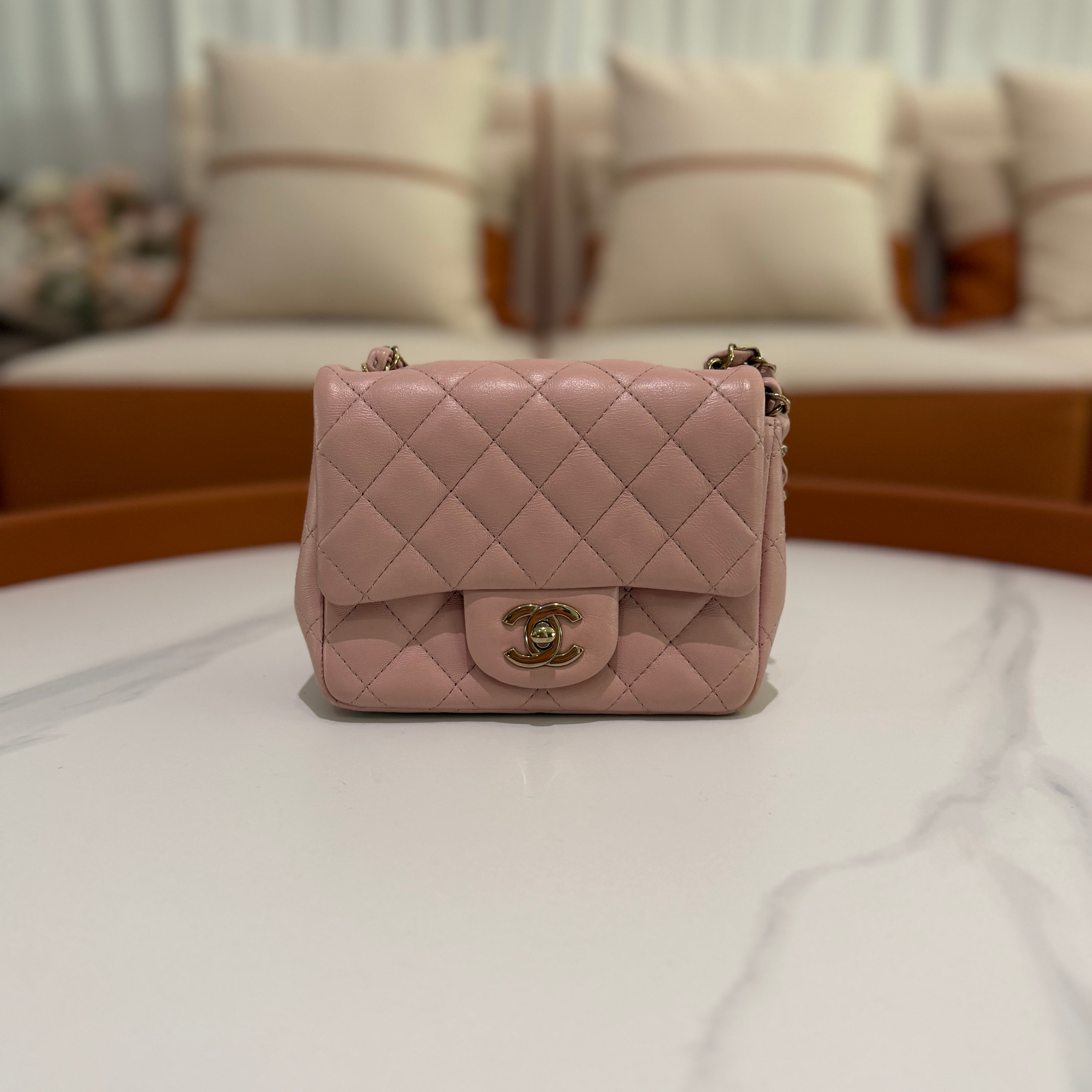CHANEL CLASSIC FLAP MINI RECTANGULAR PINK LAMBSKIN WITH GOLD HARDWARE (CHIP MODEL)