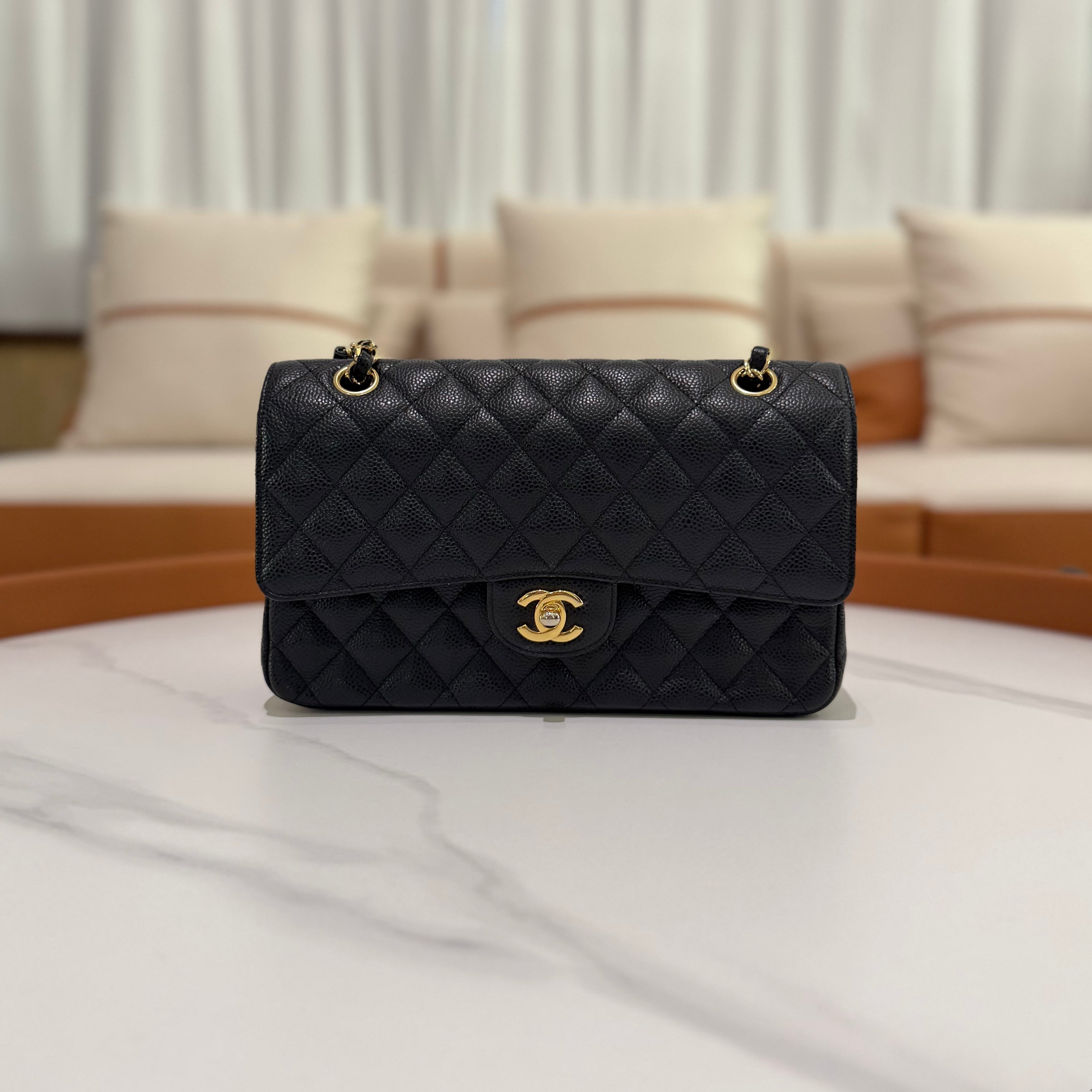 Chanel Classic Flap Medium Black Caviar Leather with Gold Hardware (Authenticity Card Version)