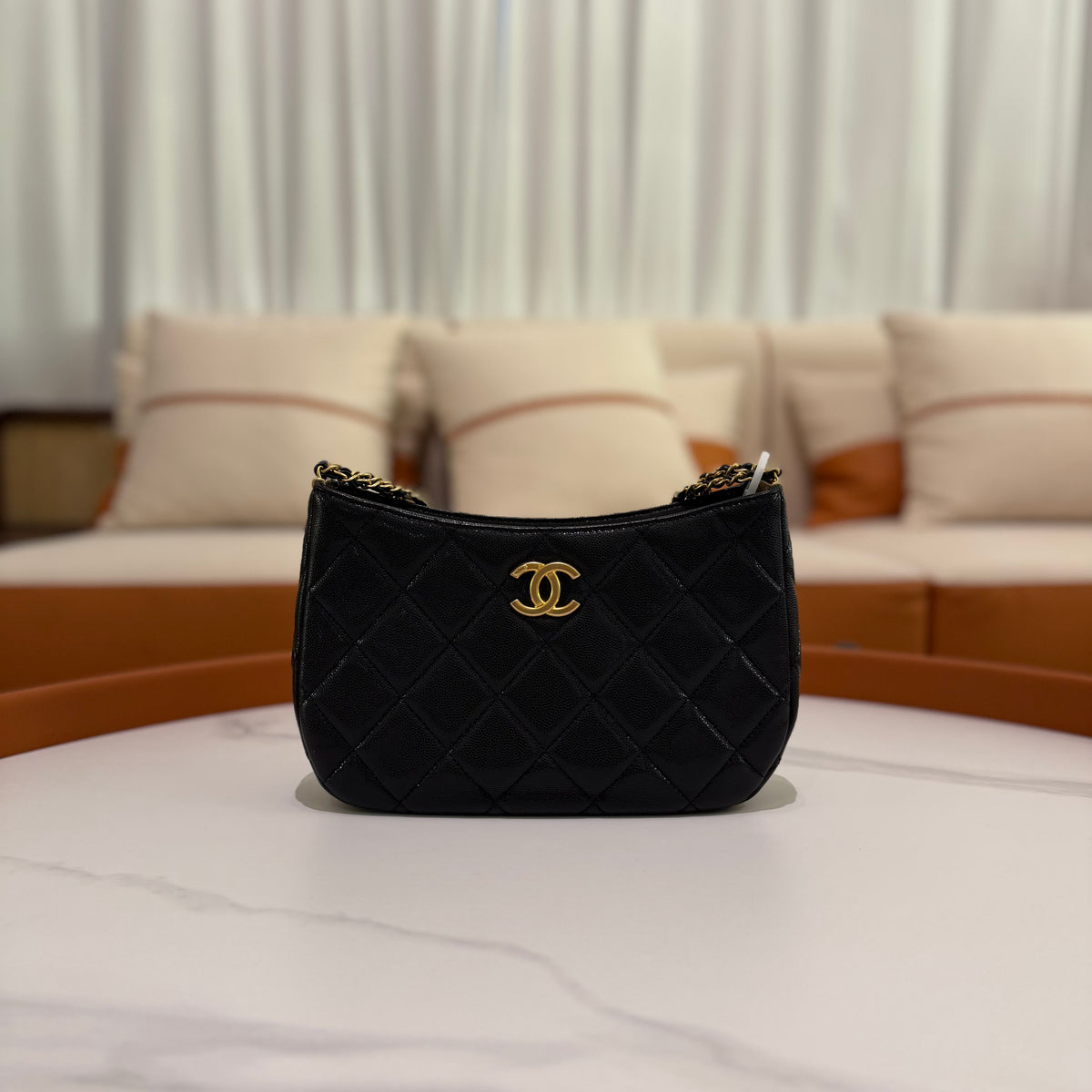 Chanel Hobo Bag Black Caviar Leather with Gold Hardware (Chip Model)