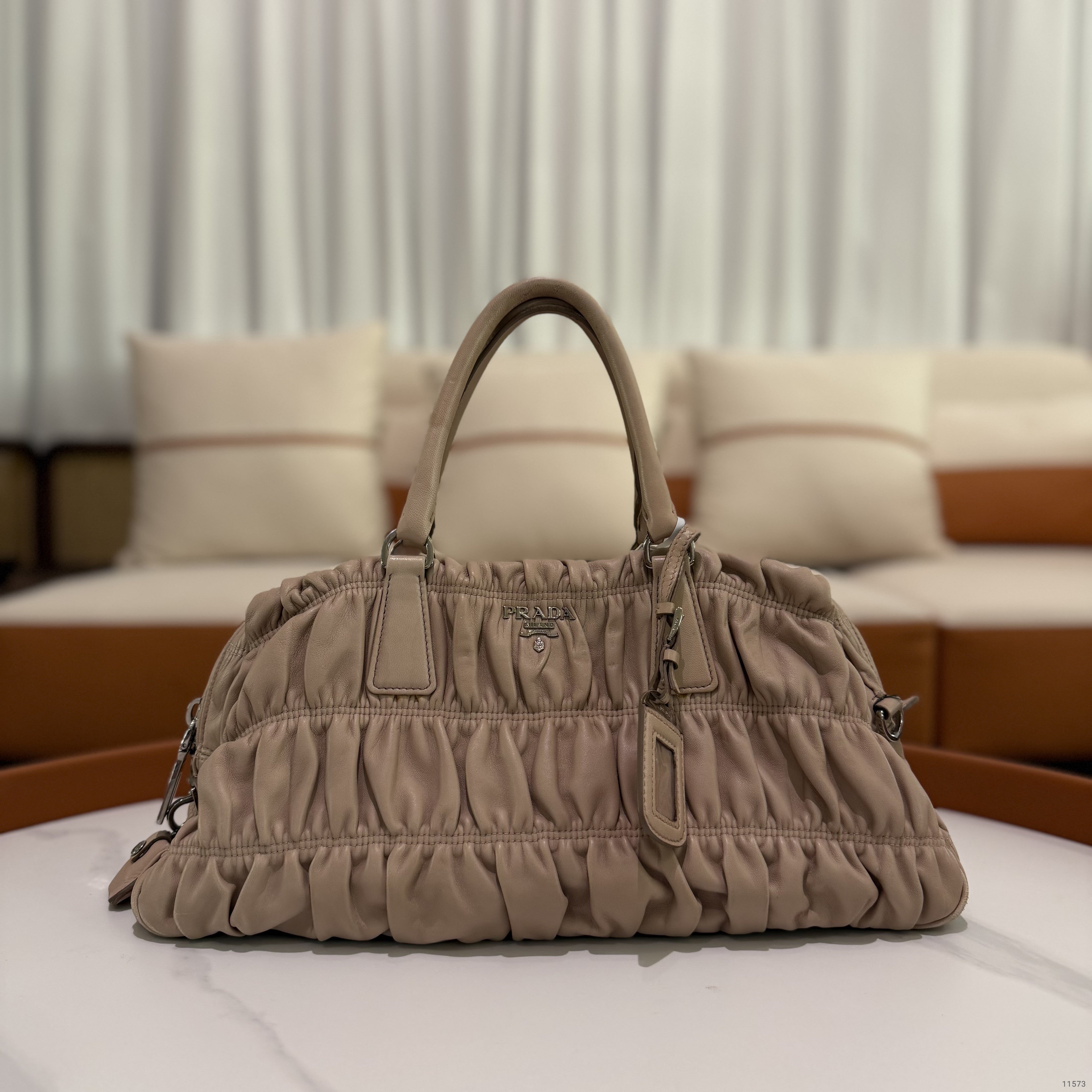 Prada Beige Gathered Leather Top Handle Bag with Silver Hardware