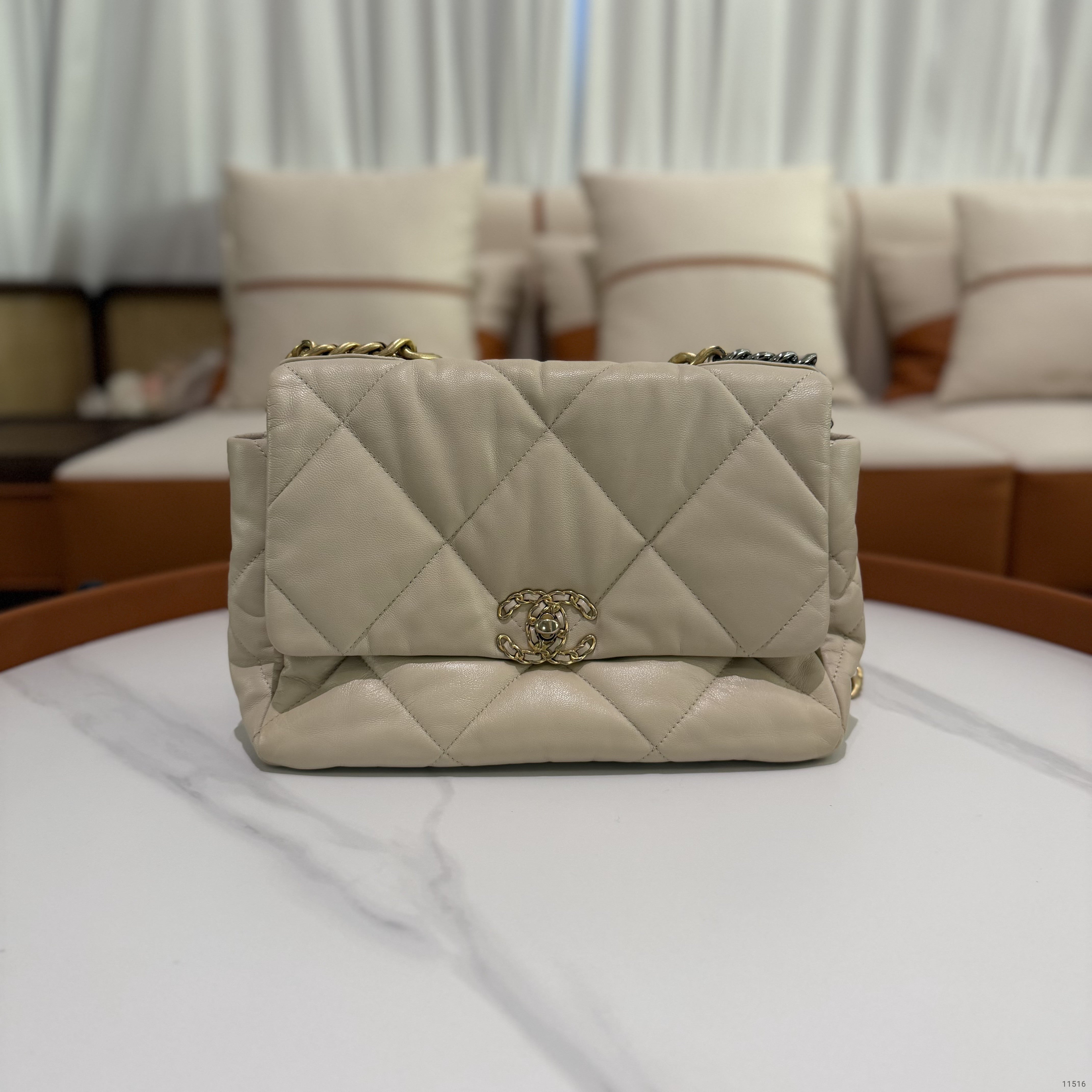 Chanel 19 Bag Medium Beige Quilted Lambskin with Gold Chain