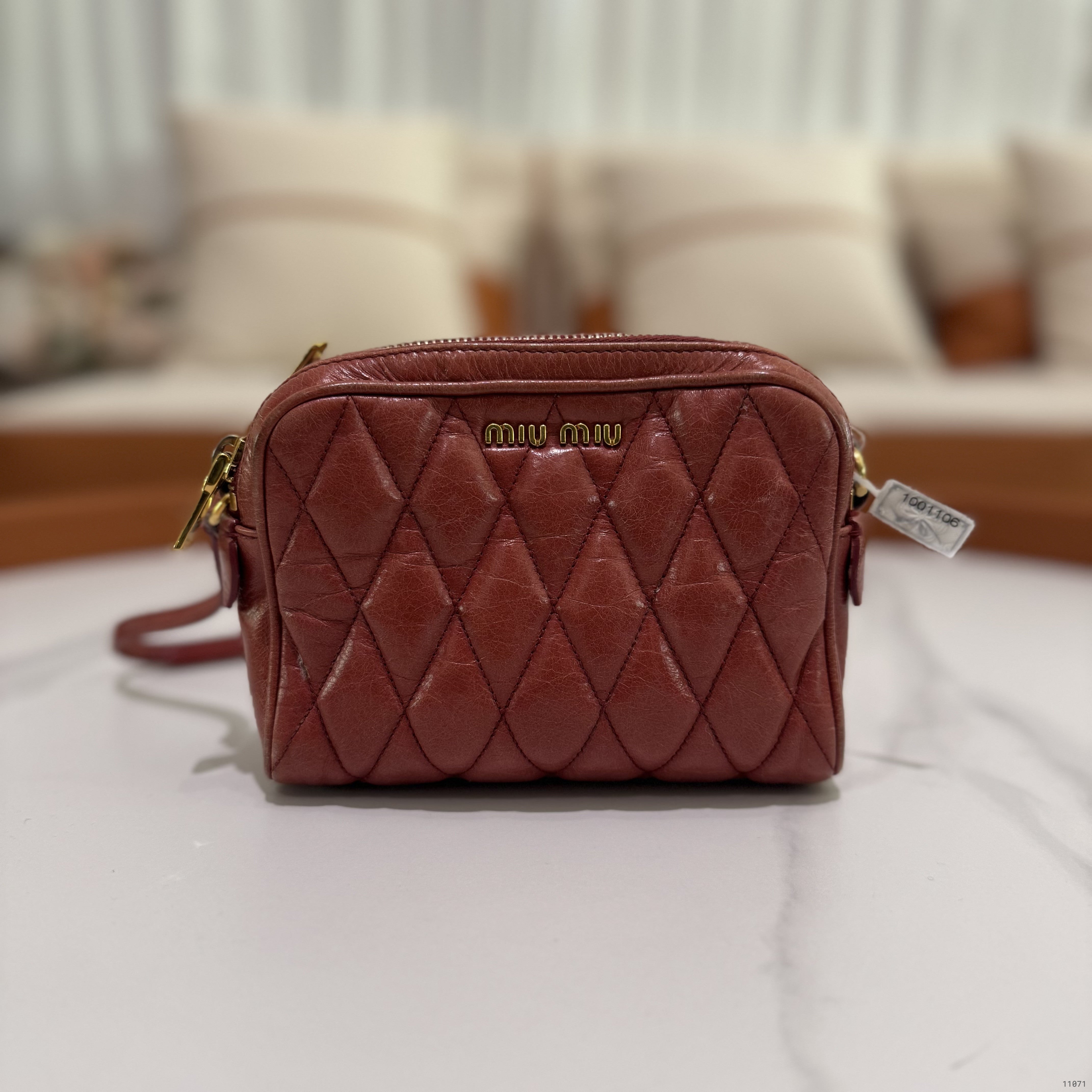 MIU MIU BRICK RED QUILTED BOX CAMERA BAG IN OILED CALFSKIN