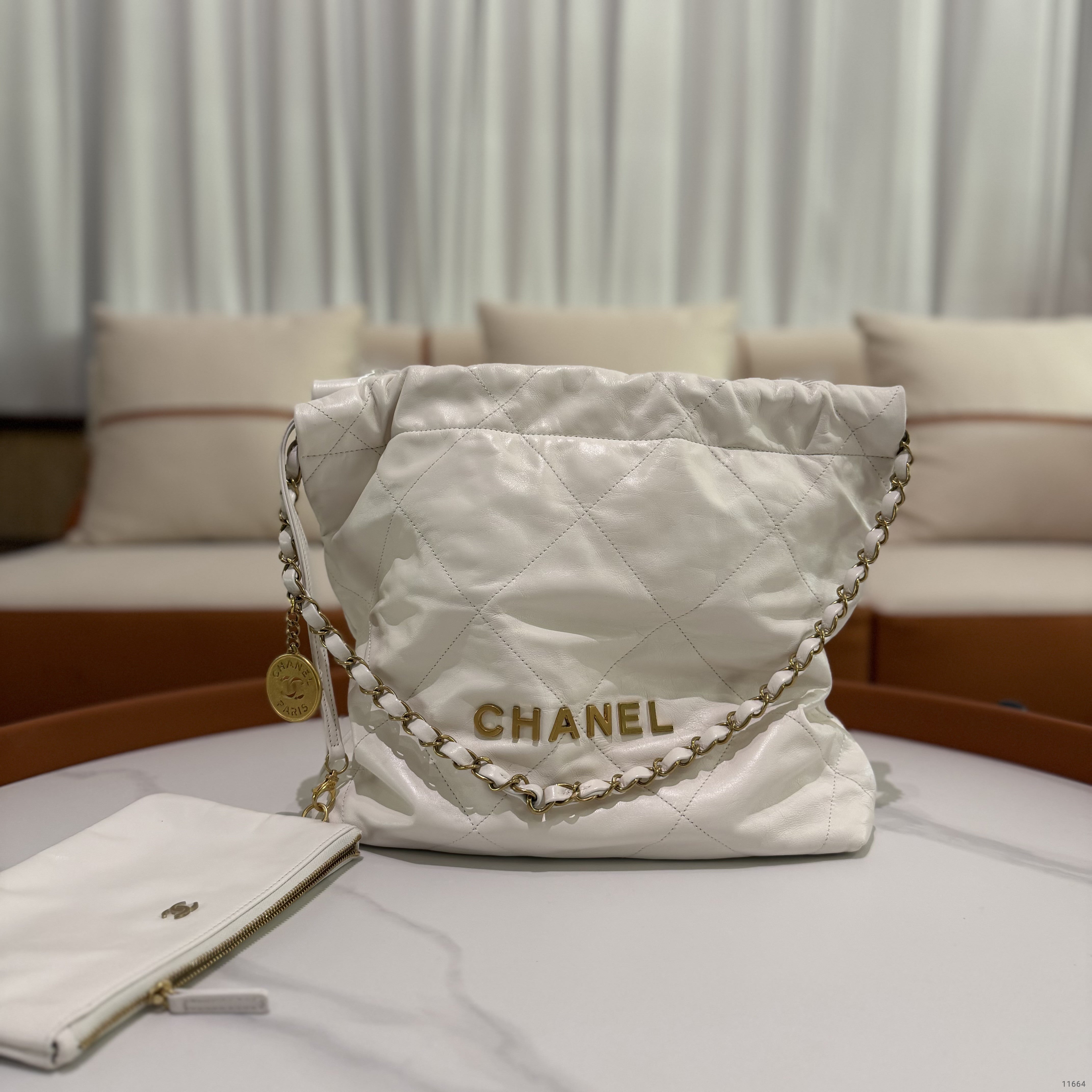 Chanel 22 Small Bag White Shiny Calfskin with Gold Hardware (Chip Model)