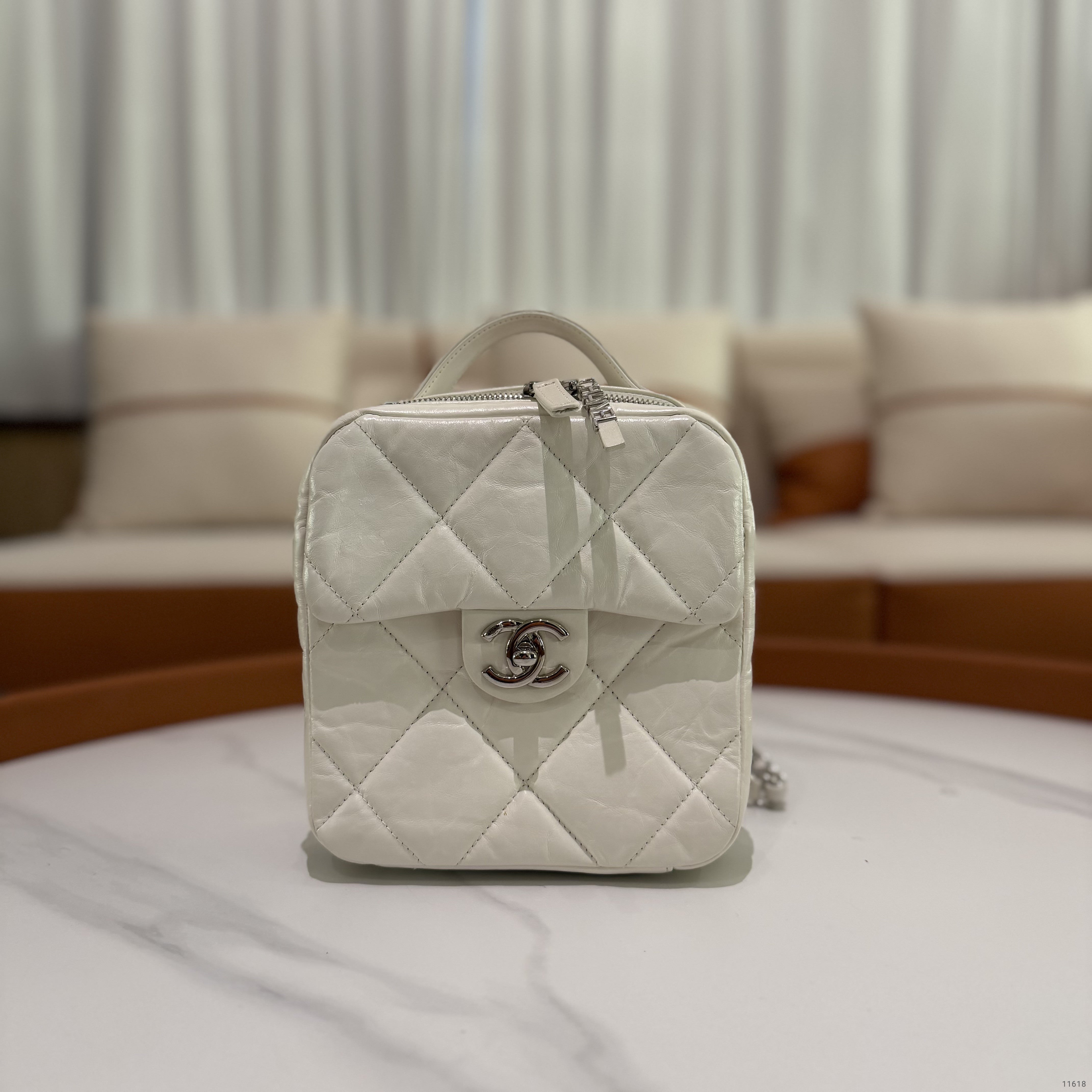 Chanel Camera Bag White & Silver Distressed Calfskin