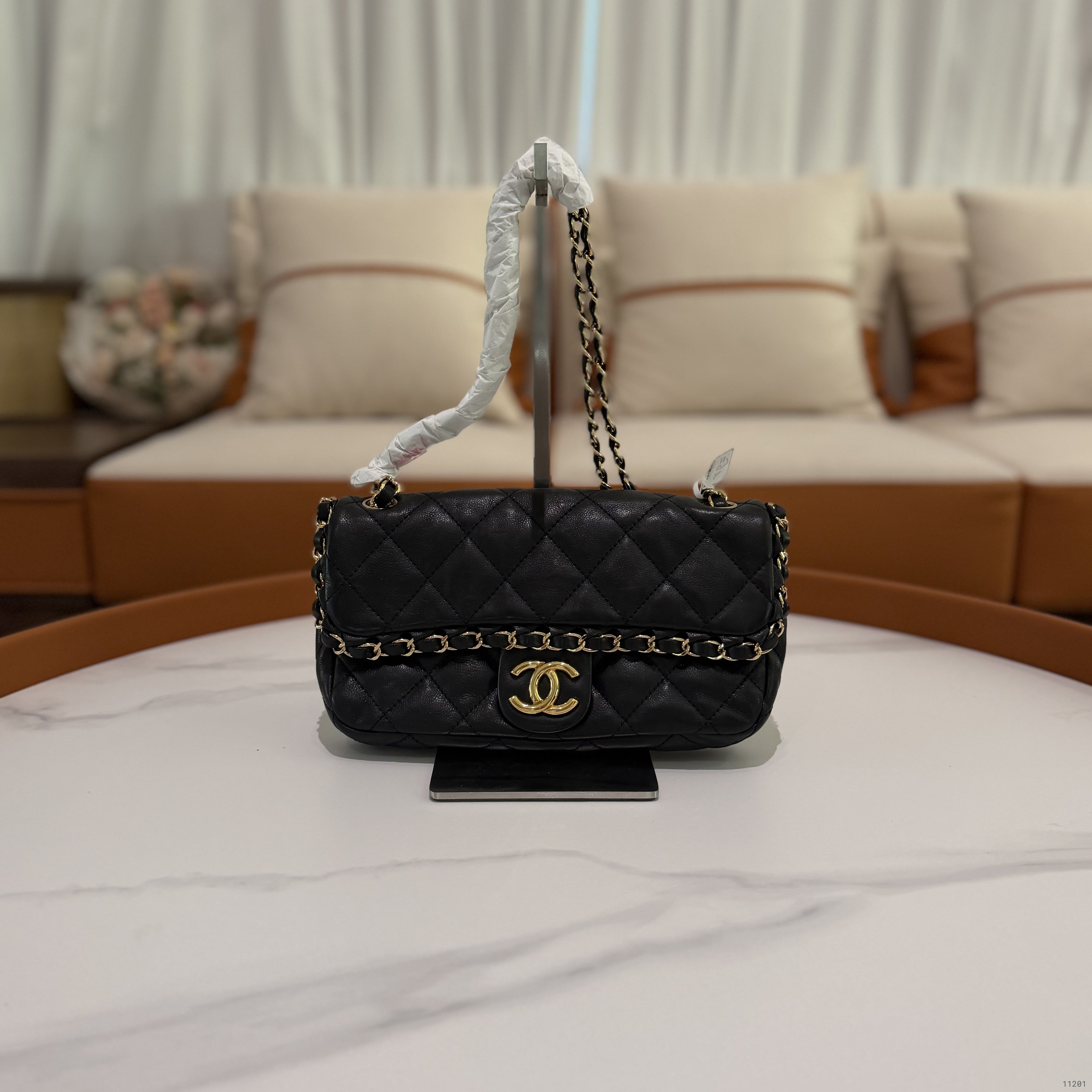 CHANEL CF Black Lambskin Shoulder Bag with Gold Trim
