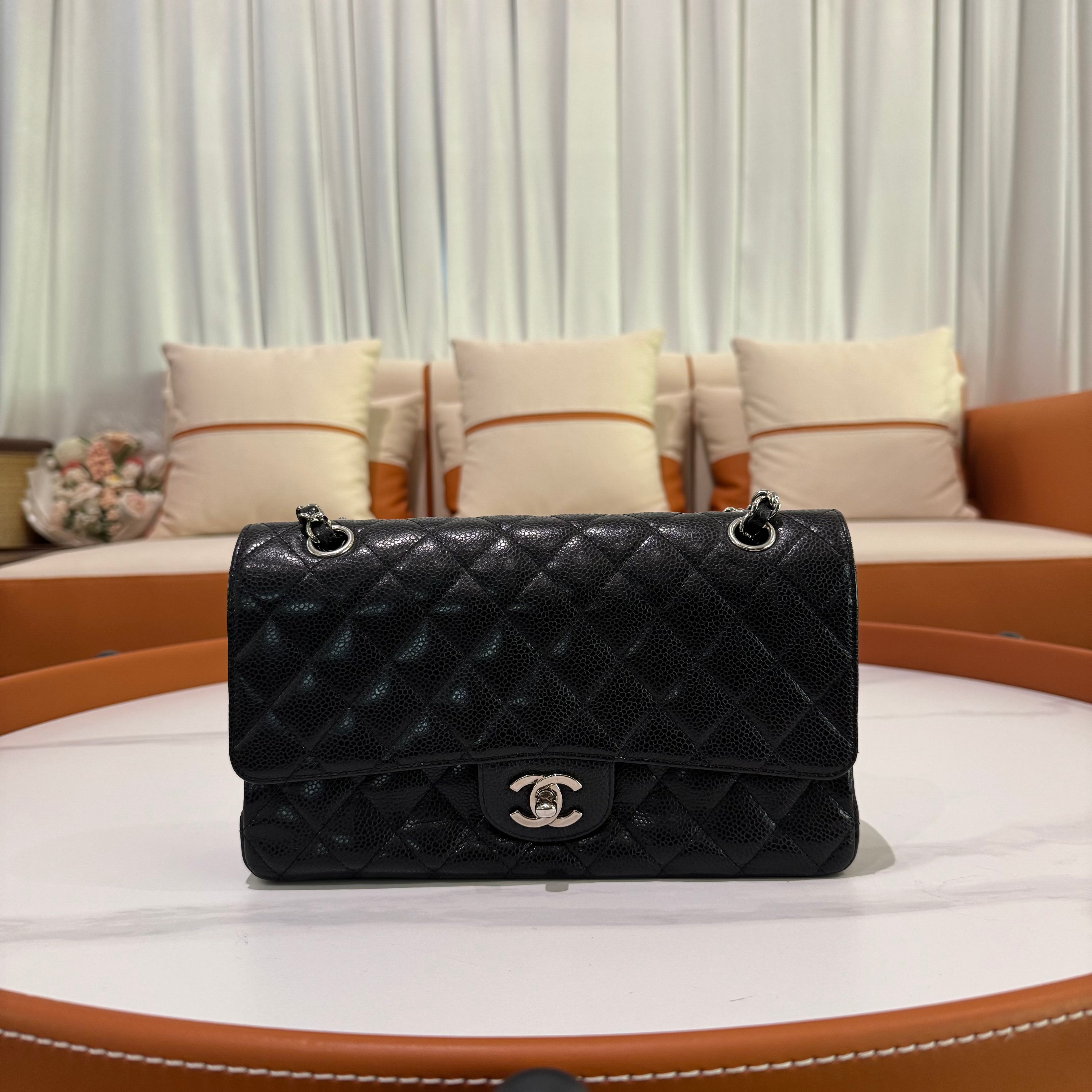 CHANEL CF MEDIUM BLACK CAVIAR LEATHER WITH SILVER HARDWAR