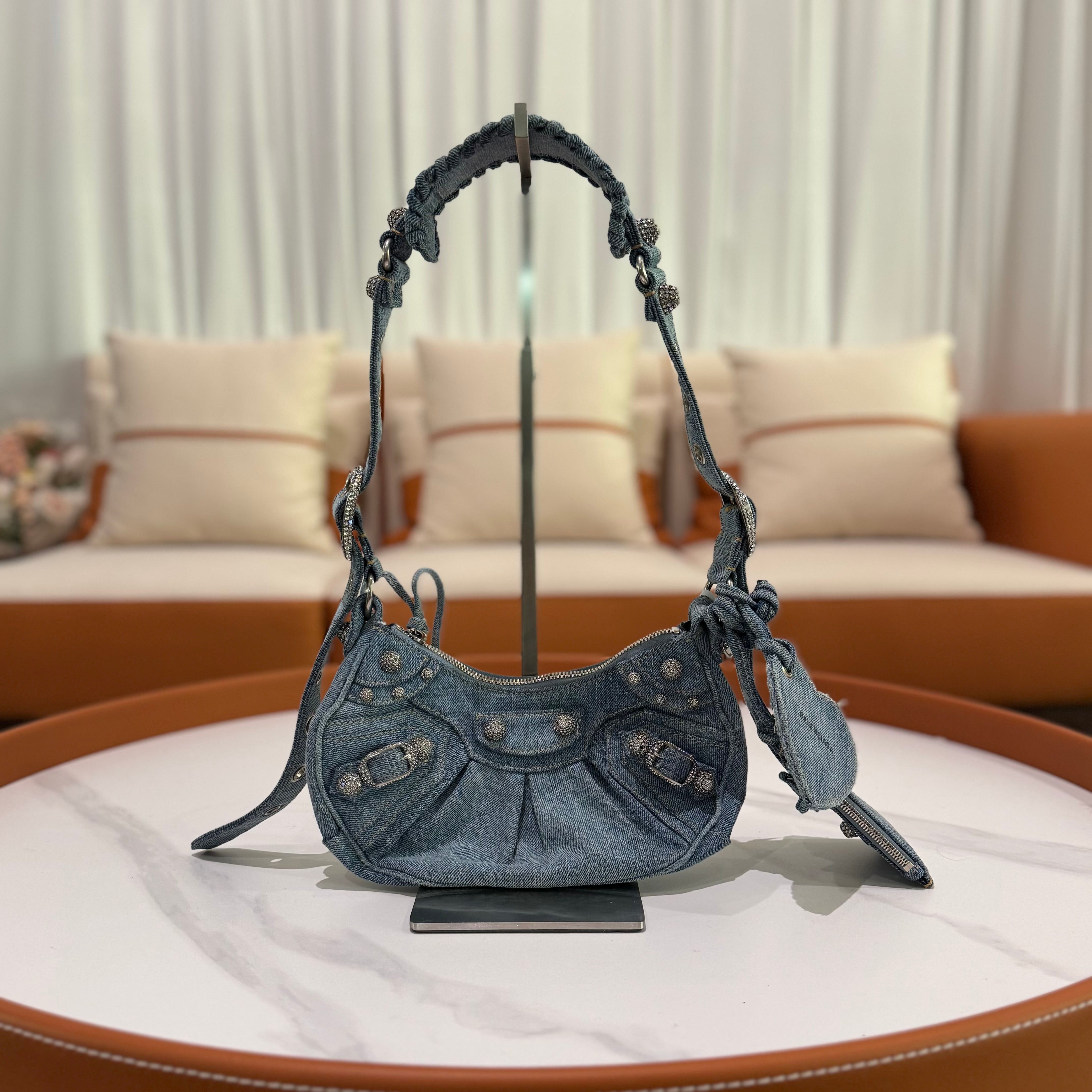 BALENCIAGA LE CAGOLE XS DENIM RHINESTONE MOON BAG