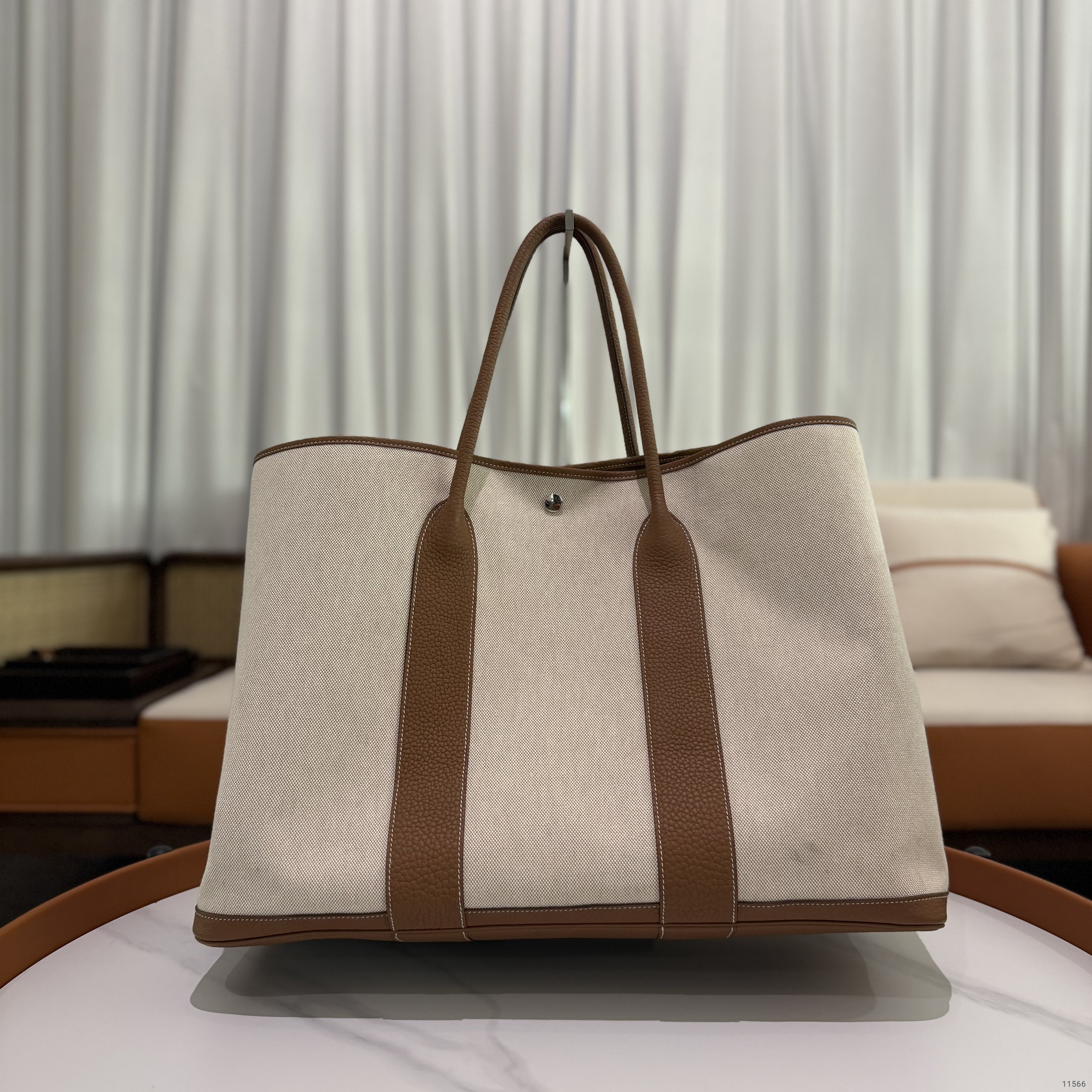 Hermes Garden Party 49 Gold Brown Canvas & Leather with Silver Hardware (Stamp B) | HERMES
