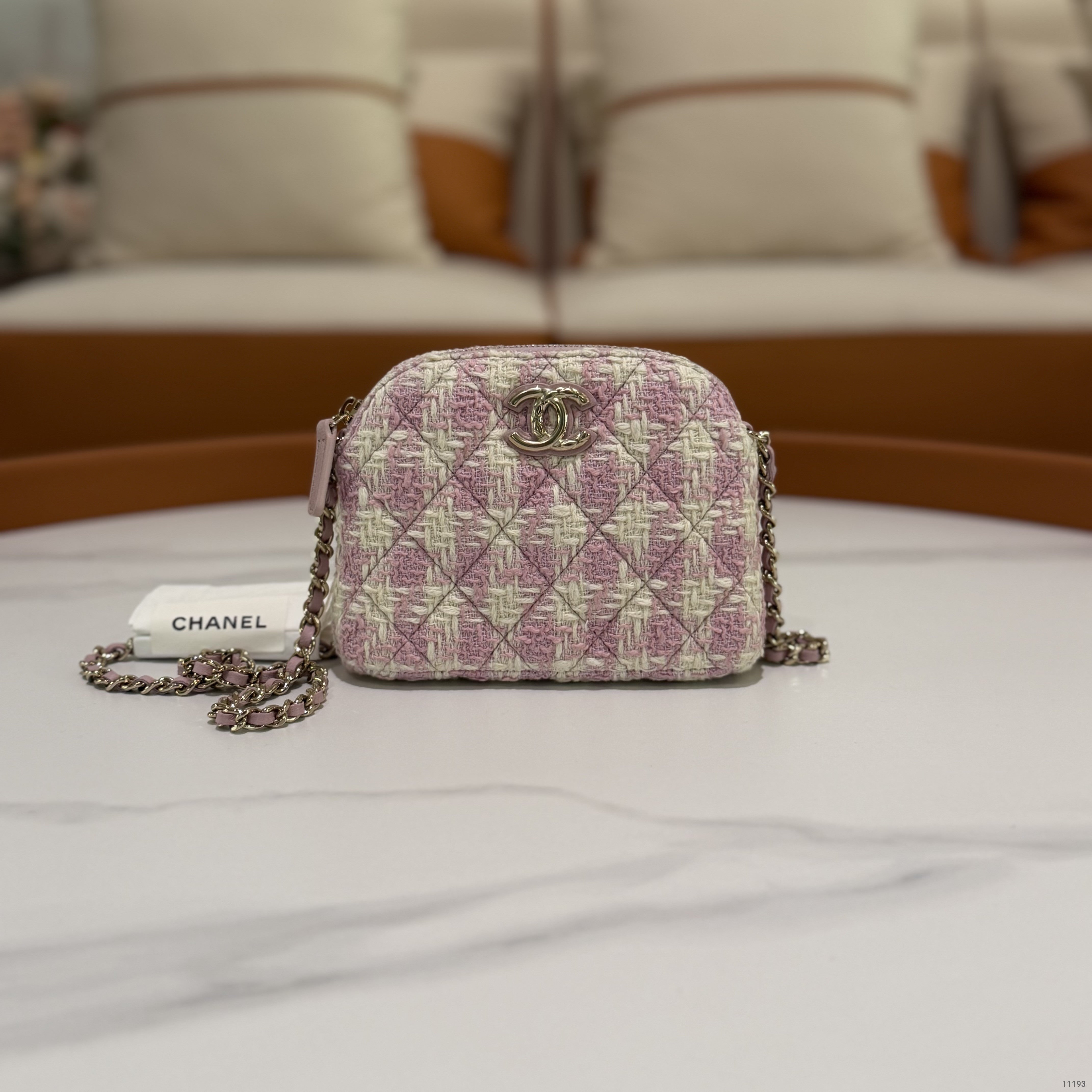 CHANEL Tweed Pink and White Woven Mini Shell Bag with Chip