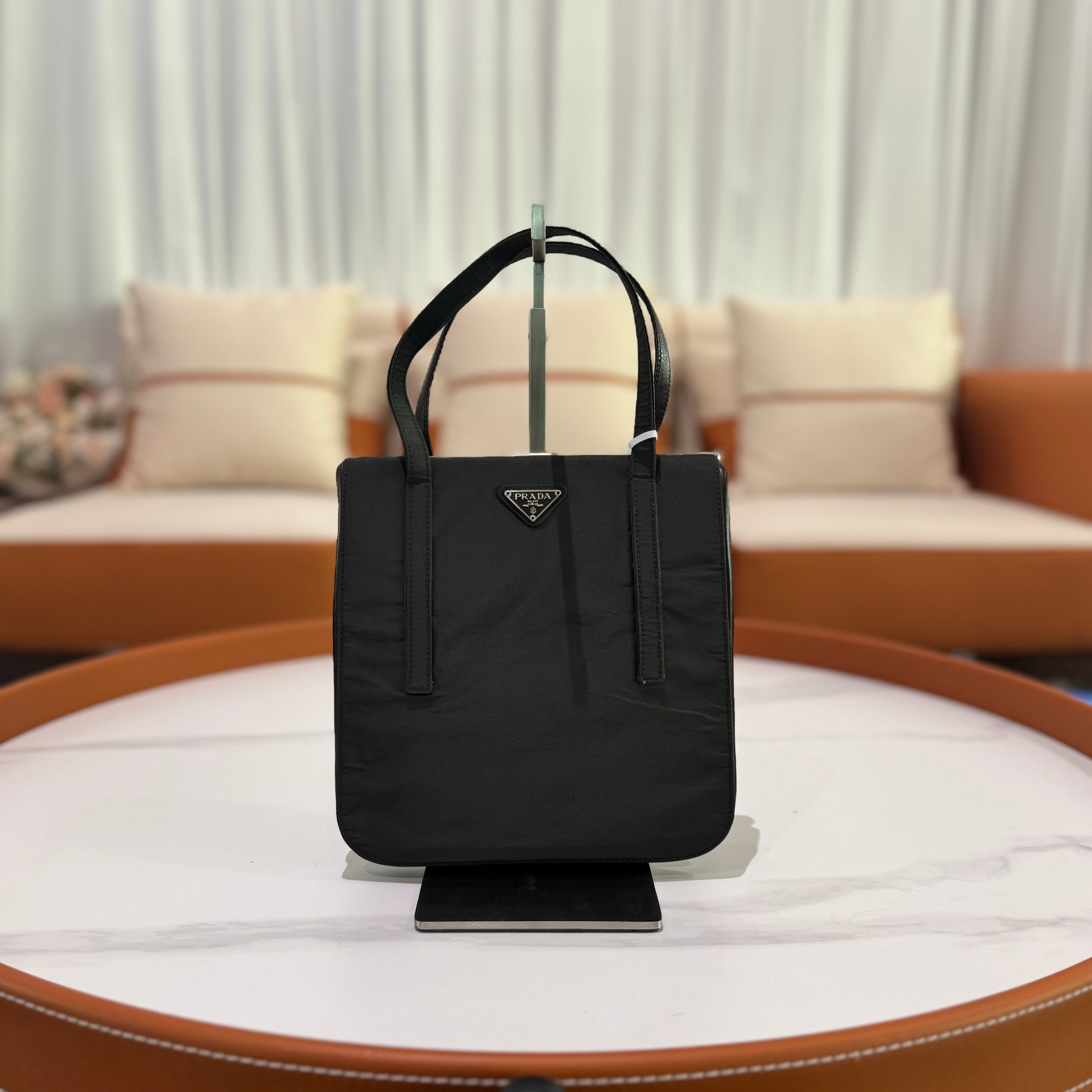 PRADA TOTE VINTAGE BLACK FABRIC WITH LEATHER TRIM HANDBAG