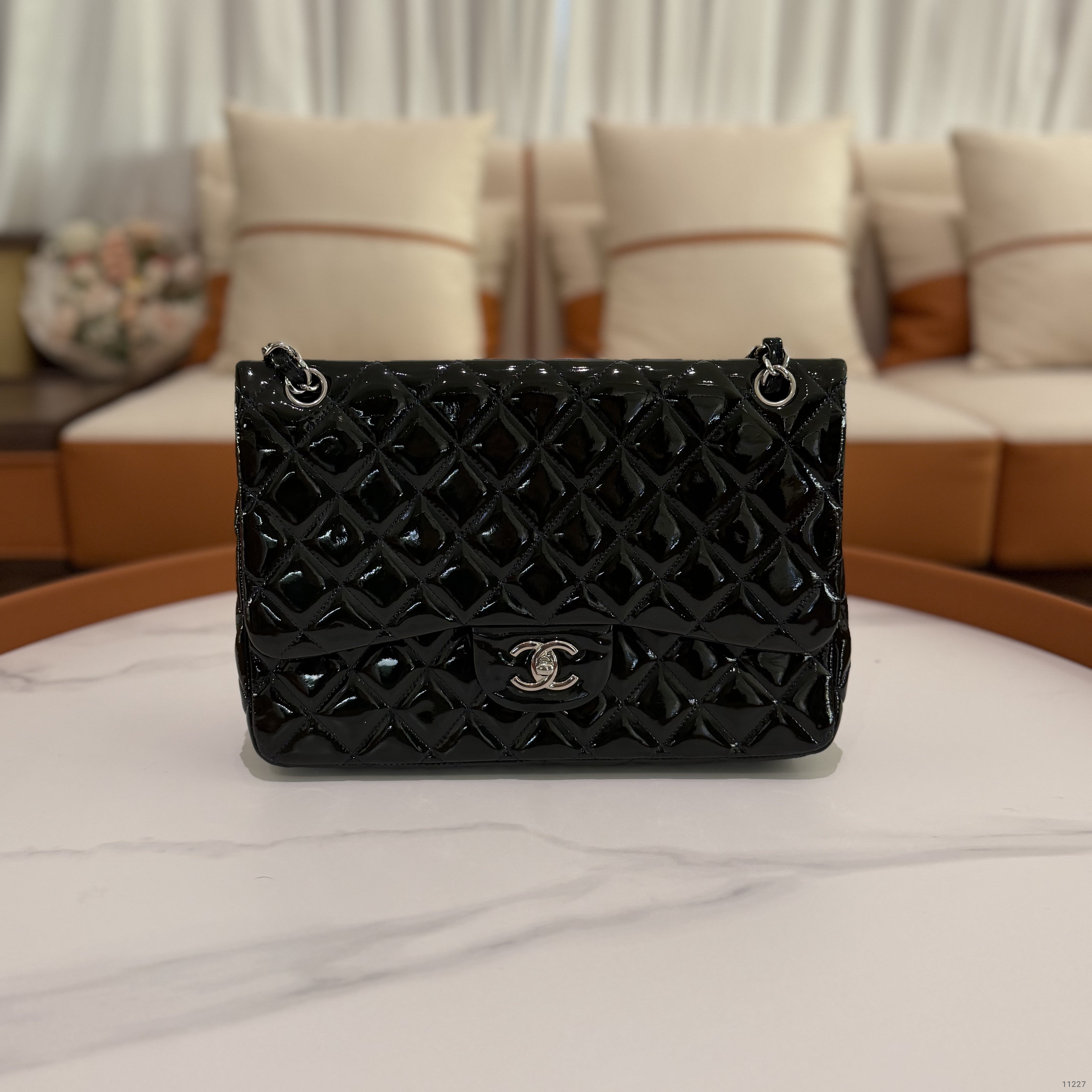 CHANEL Jumbo CF Green Patent Leather with Silver Hardware