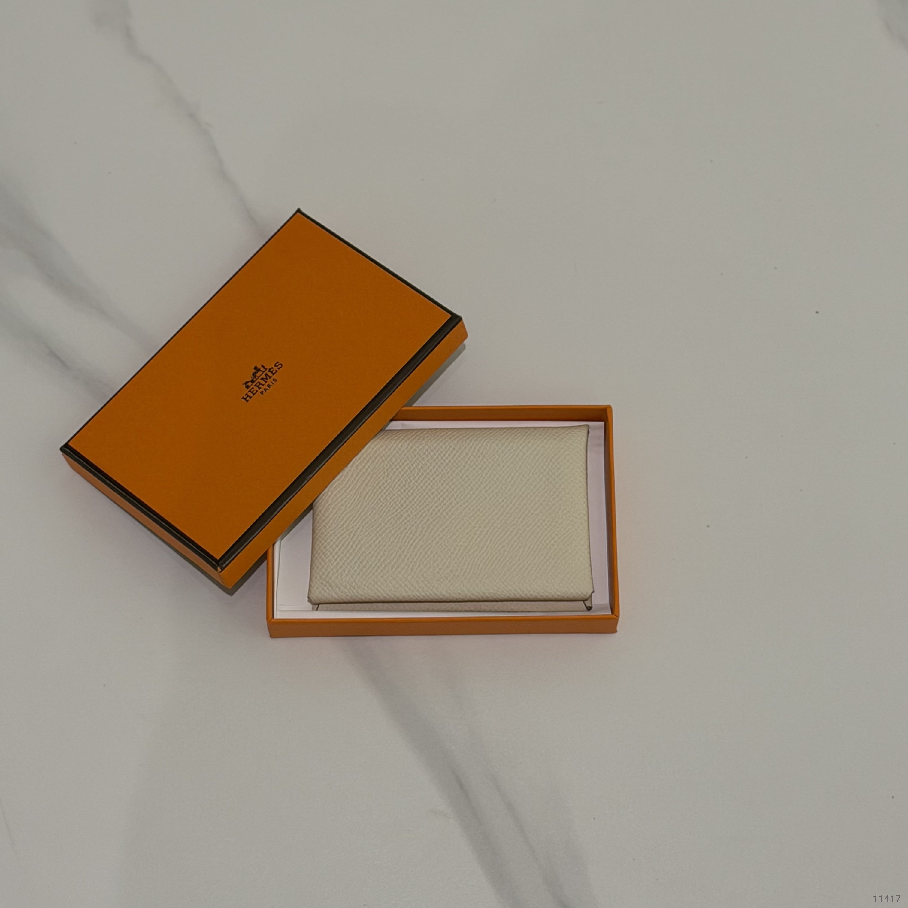 Hermes Calvi Card Holder Milkshake White with Silver Hardware (Stamp K)