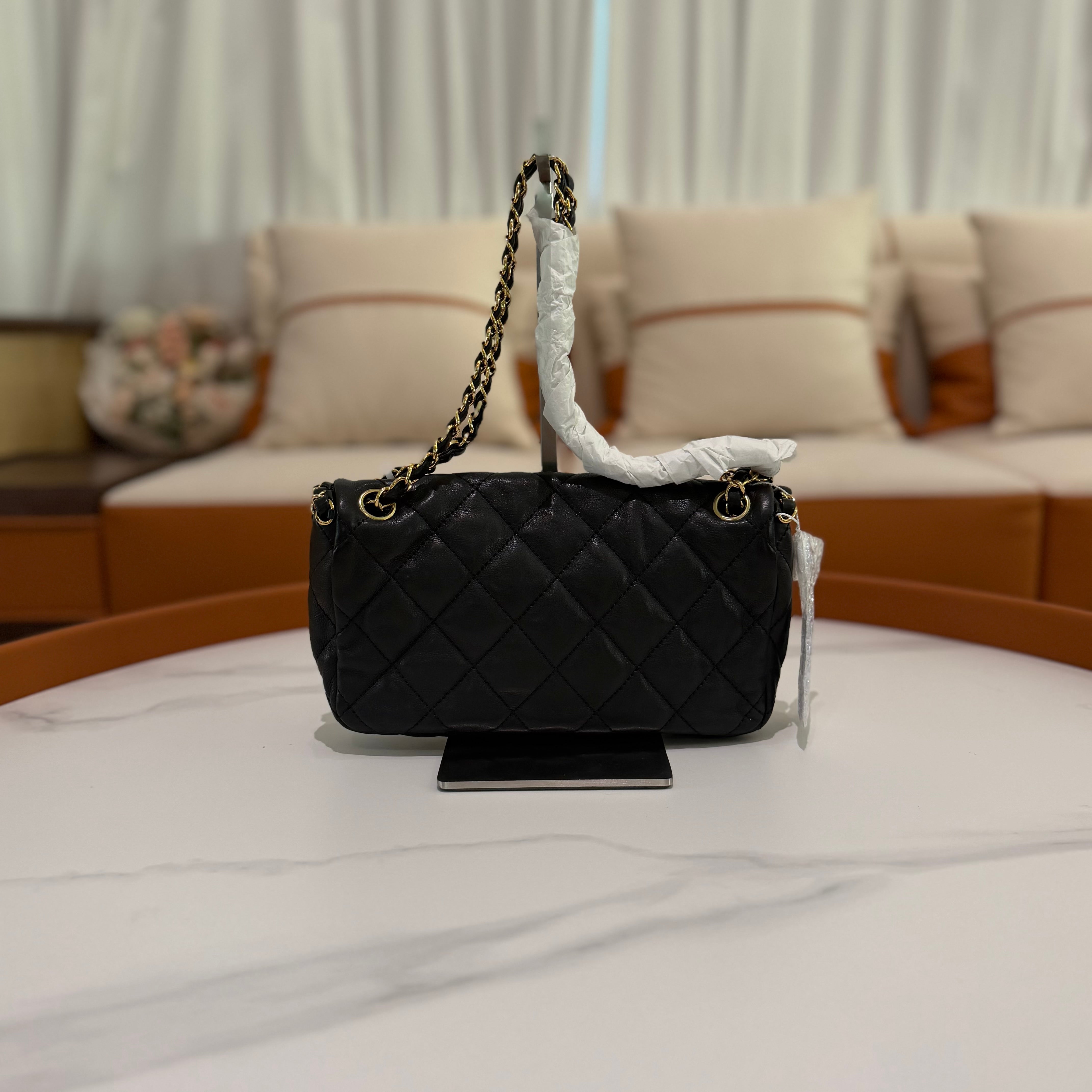 CHANEL CF Black Lambskin Shoulder Bag with Gold Trim