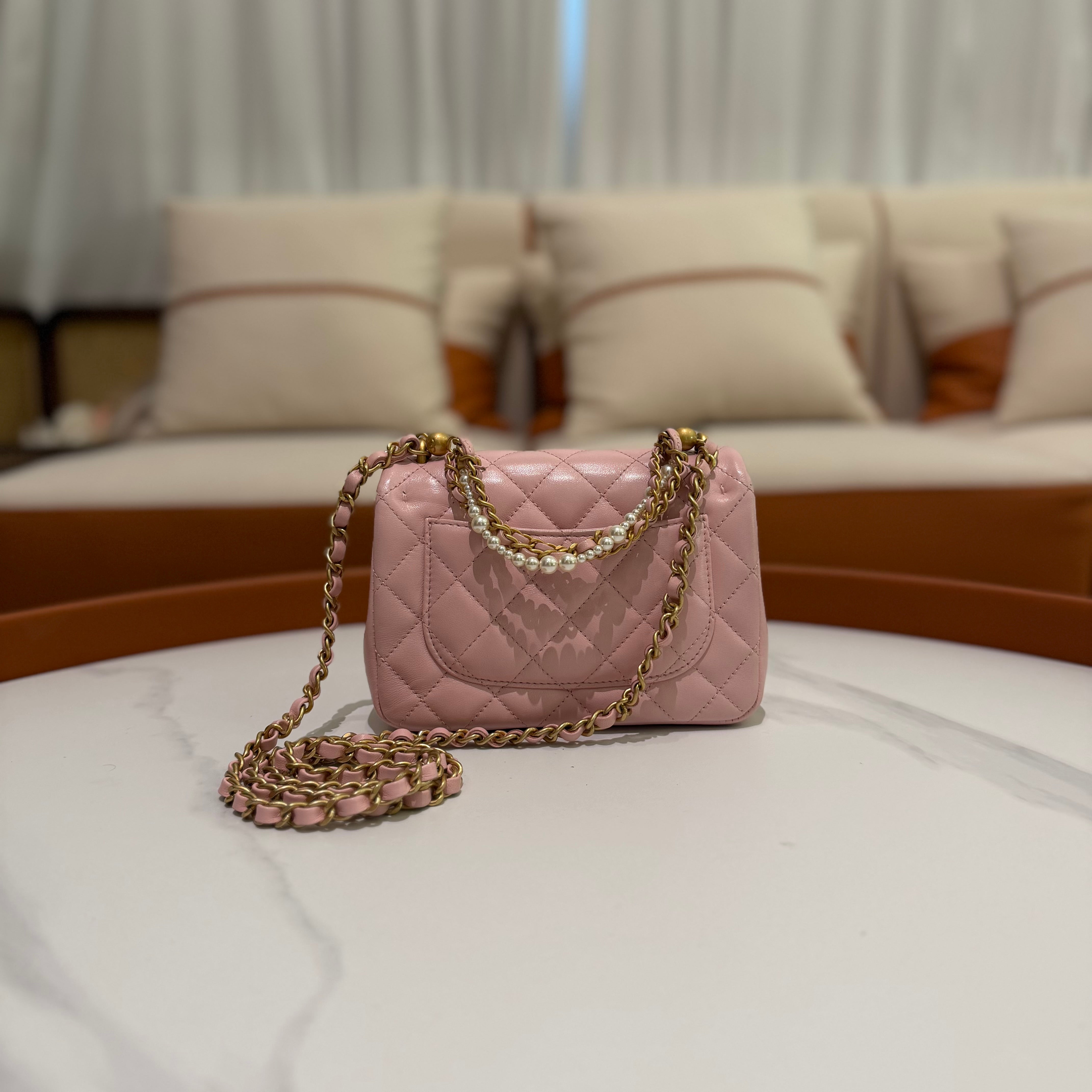 Chanel CF Mini Pink Lambskin Pearl Chain Bag