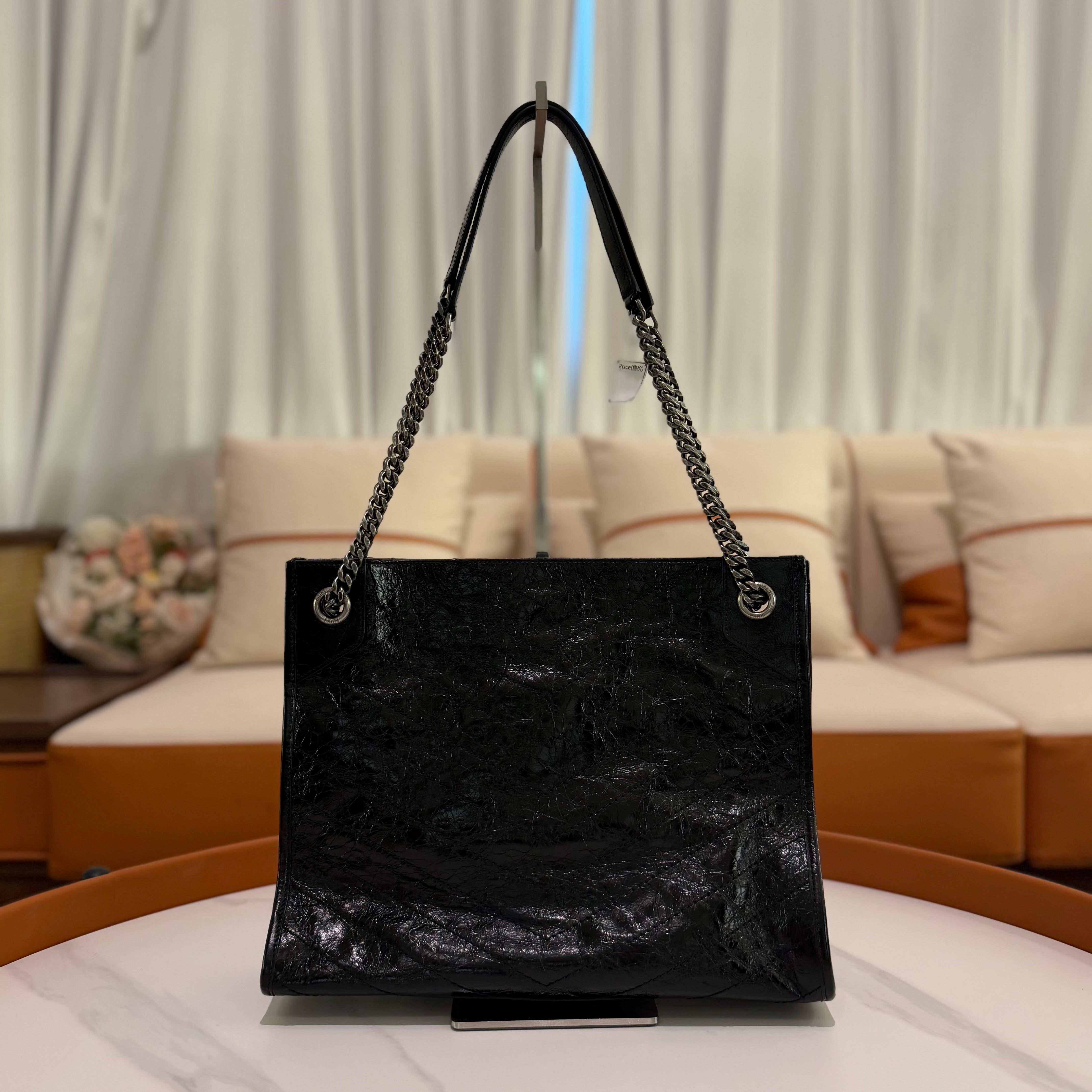 Saint Laurent Niki Shopping Bag Black Crinkled Leather with Silver Chain