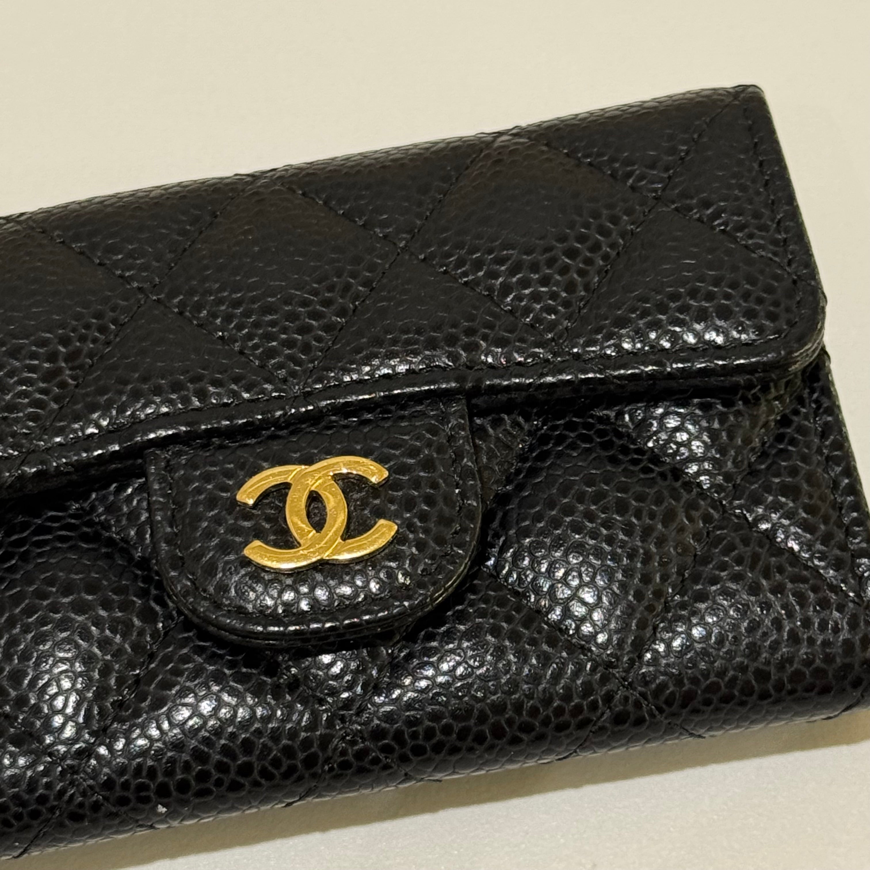 CHANEL CF SERIES BLACK GOLD LYCHEE LEATHER CARD CASE