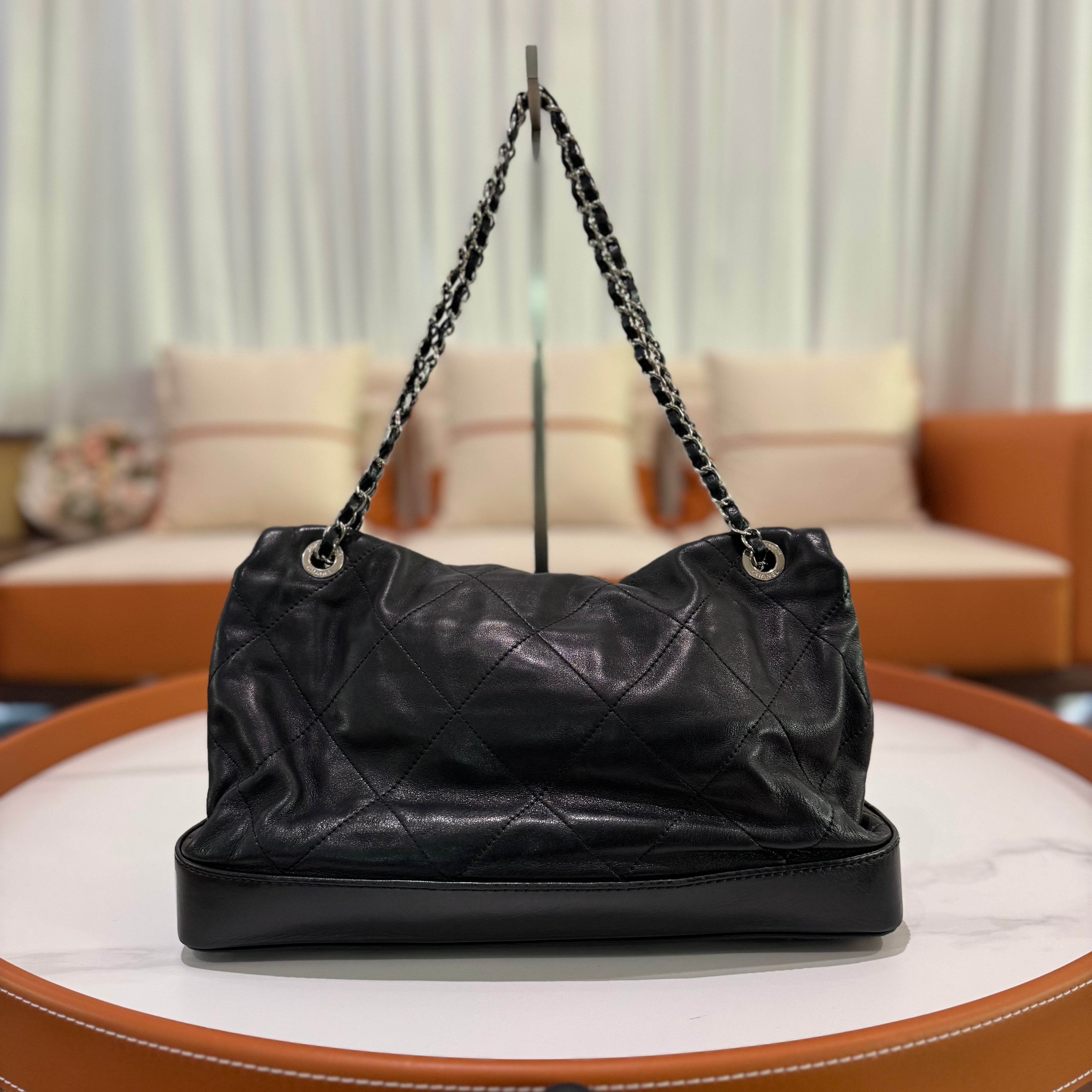 CHANEL SHOULDER BAG BLACK LAMBSKIN WITH SILVER HARDWARE STRUCTURED BASE