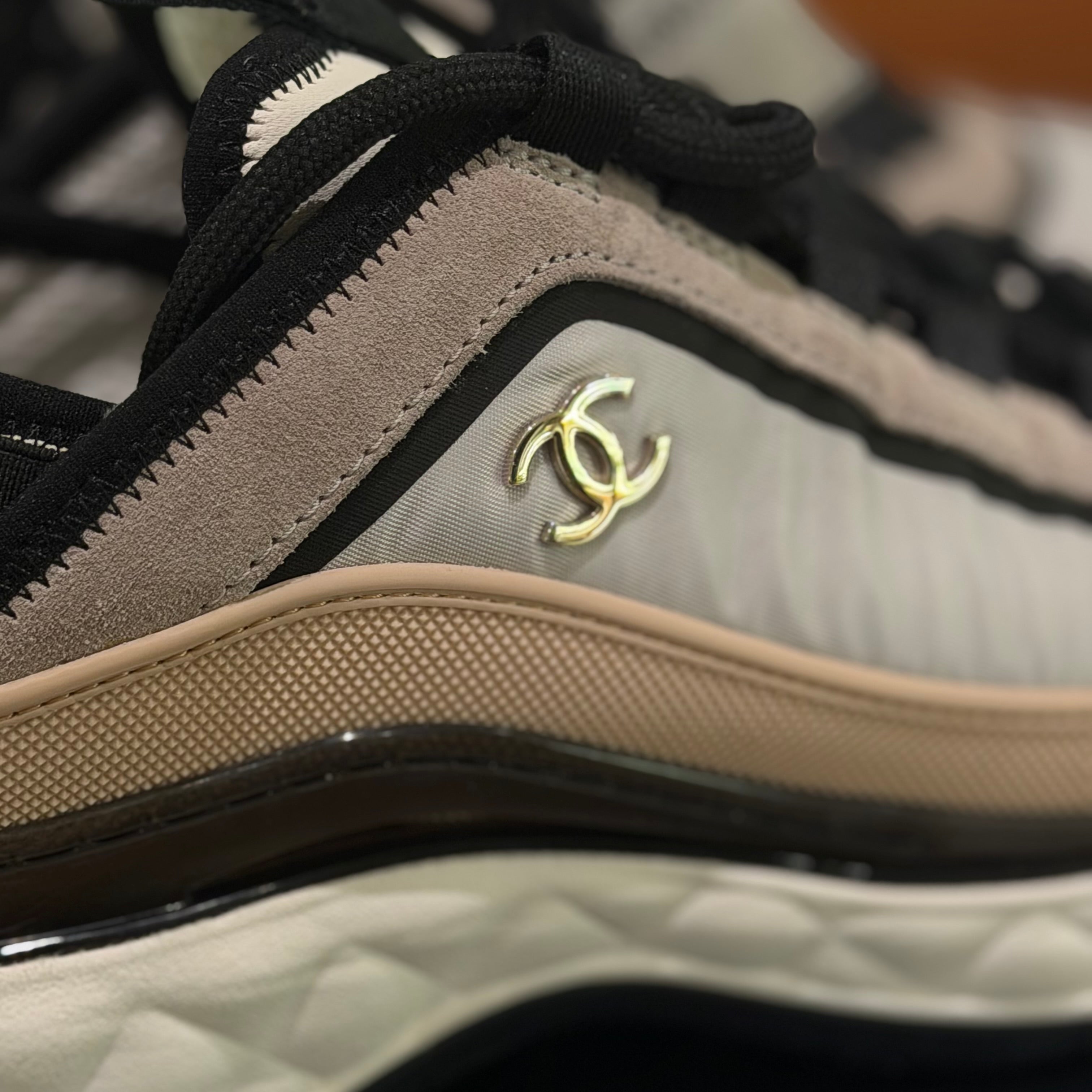 CHANEL White & Pink Casual Sneakers with Gold Logo