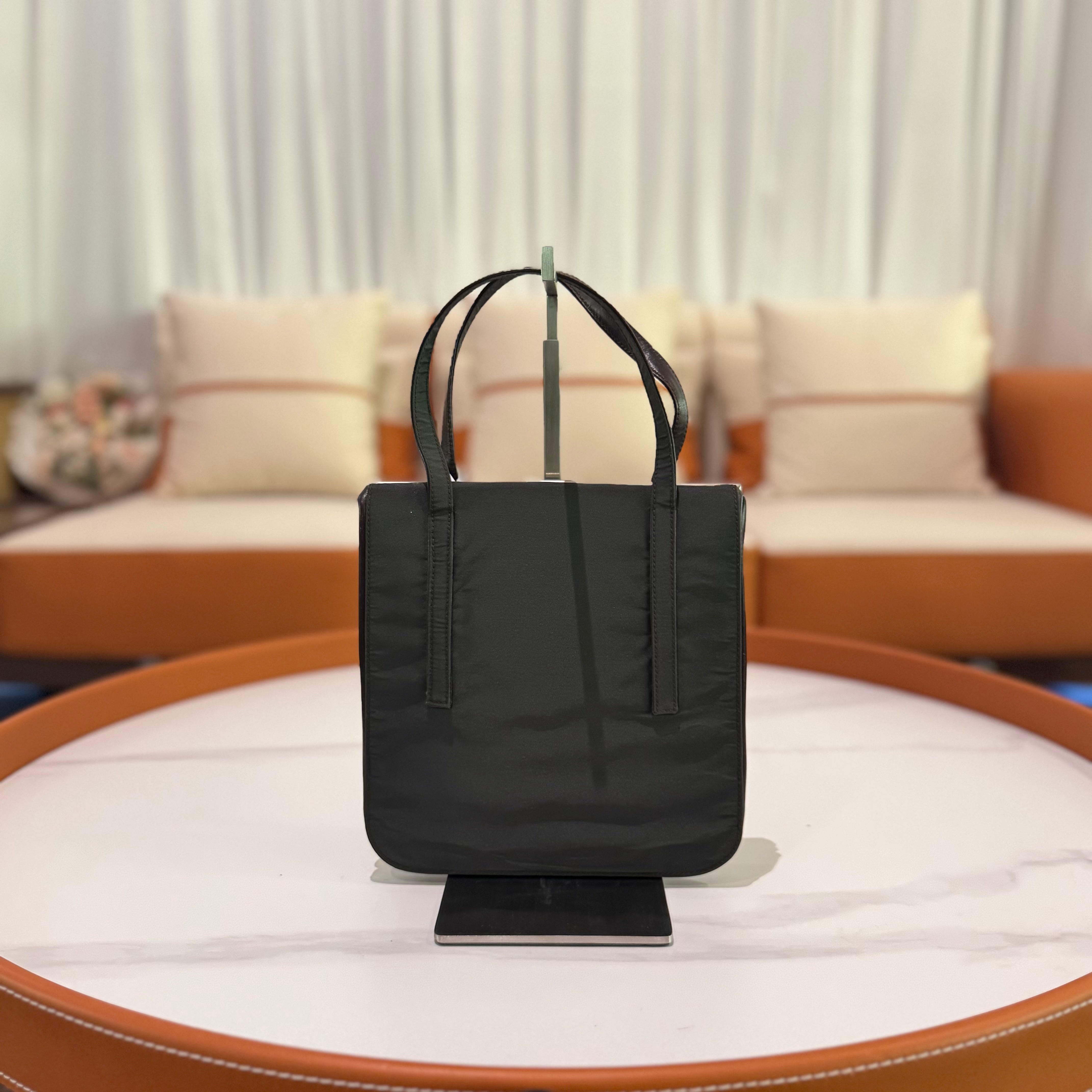 PRADA TOTE VINTAGE BLACK FABRIC WITH LEATHER TRIM HANDBAG