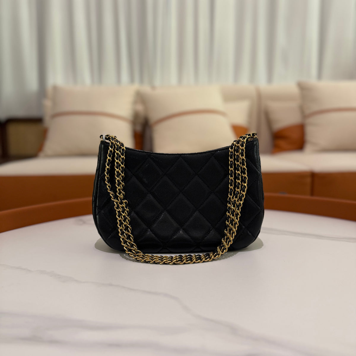 Chanel Hobo Bag Black Caviar Leather with Gold Hardware (Chip Model)