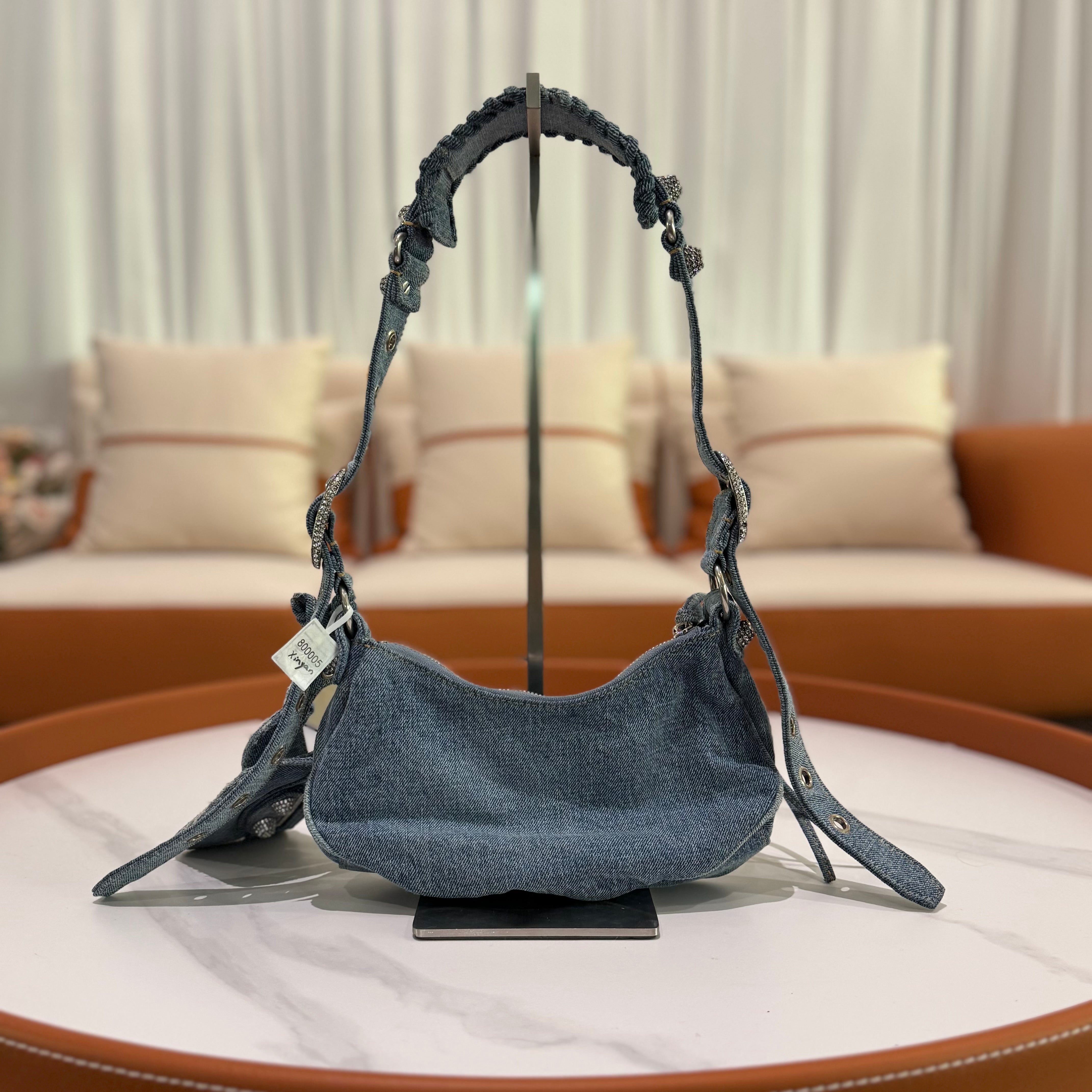BALENCIAGA LE CAGOLE XS DENIM RHINESTONE MOON BAG