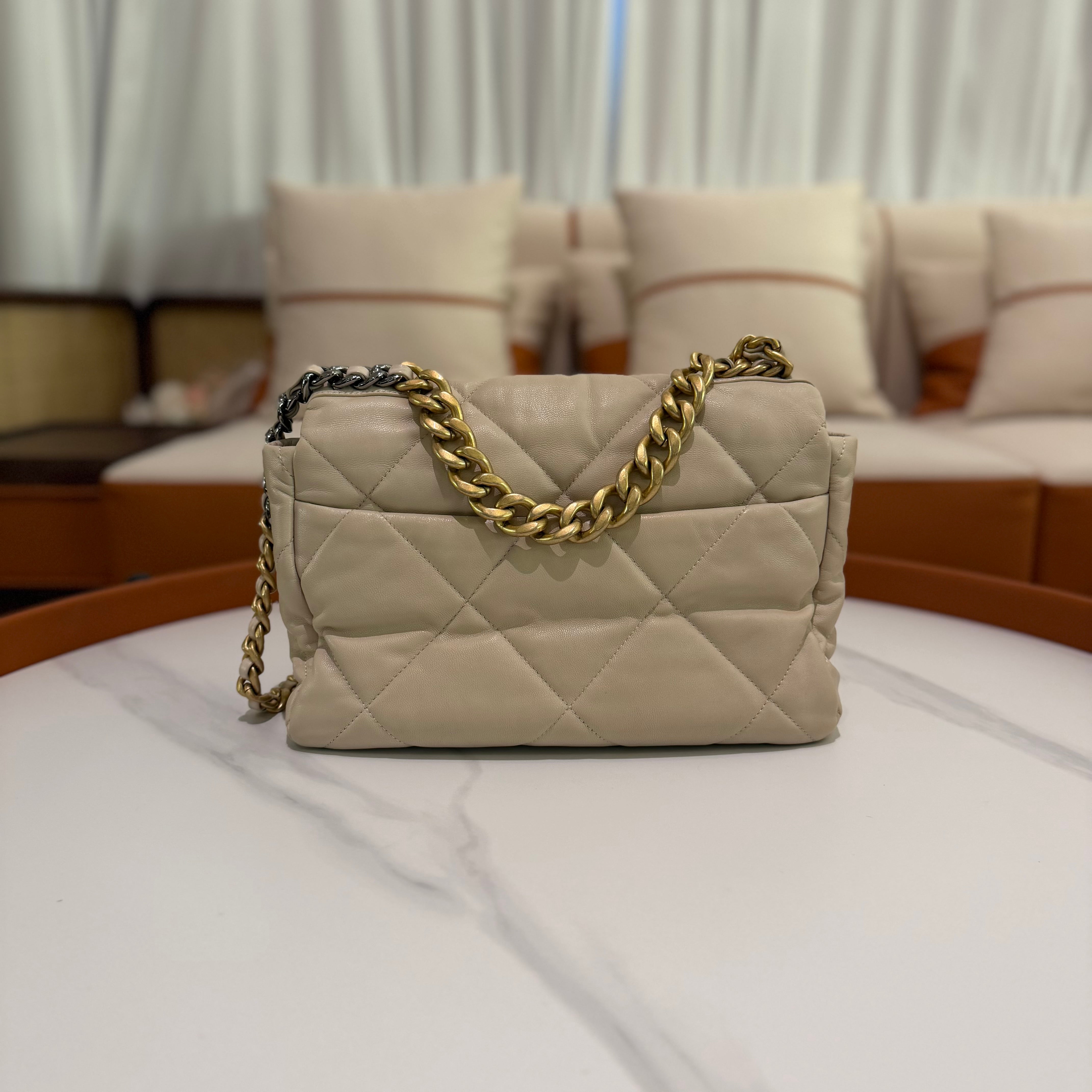 Chanel 19 Bag Medium Beige Quilted Lambskin with Gold Chain