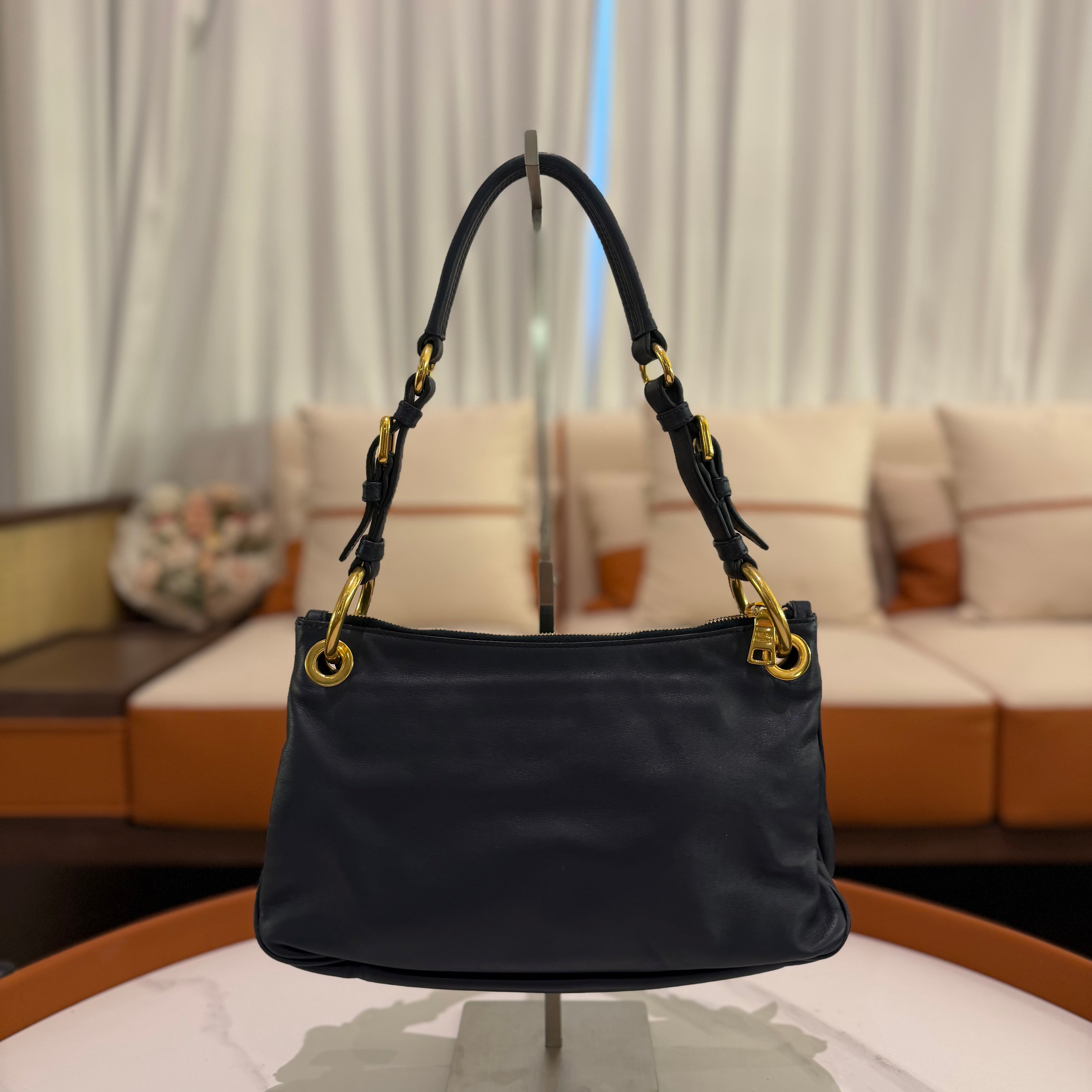 Prada Navy Blue Leather Top Handle Bag
