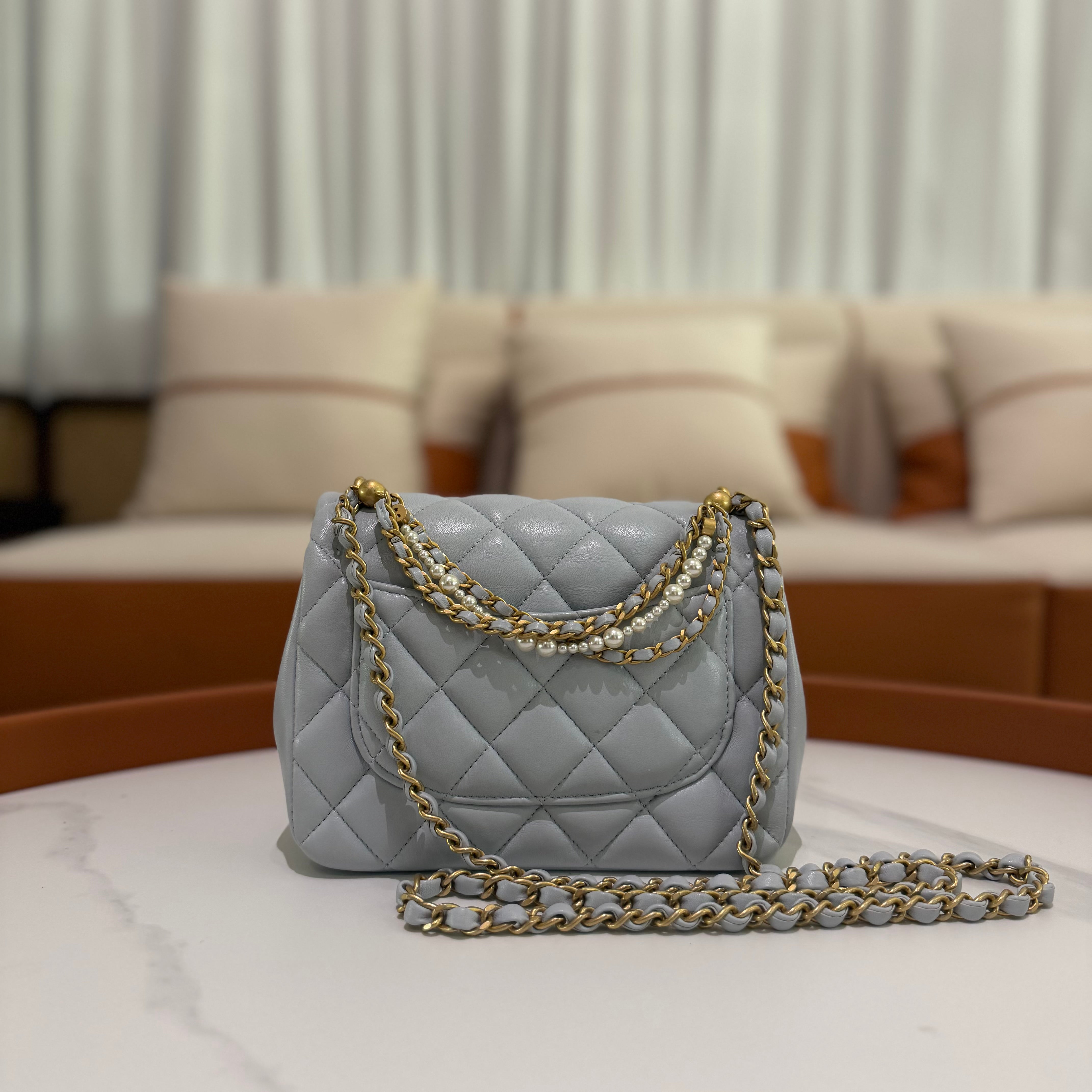 Chanel 24P Light Blue Mini Flap Bag with Pearl Chain and Gold Hardware (Chip Model)