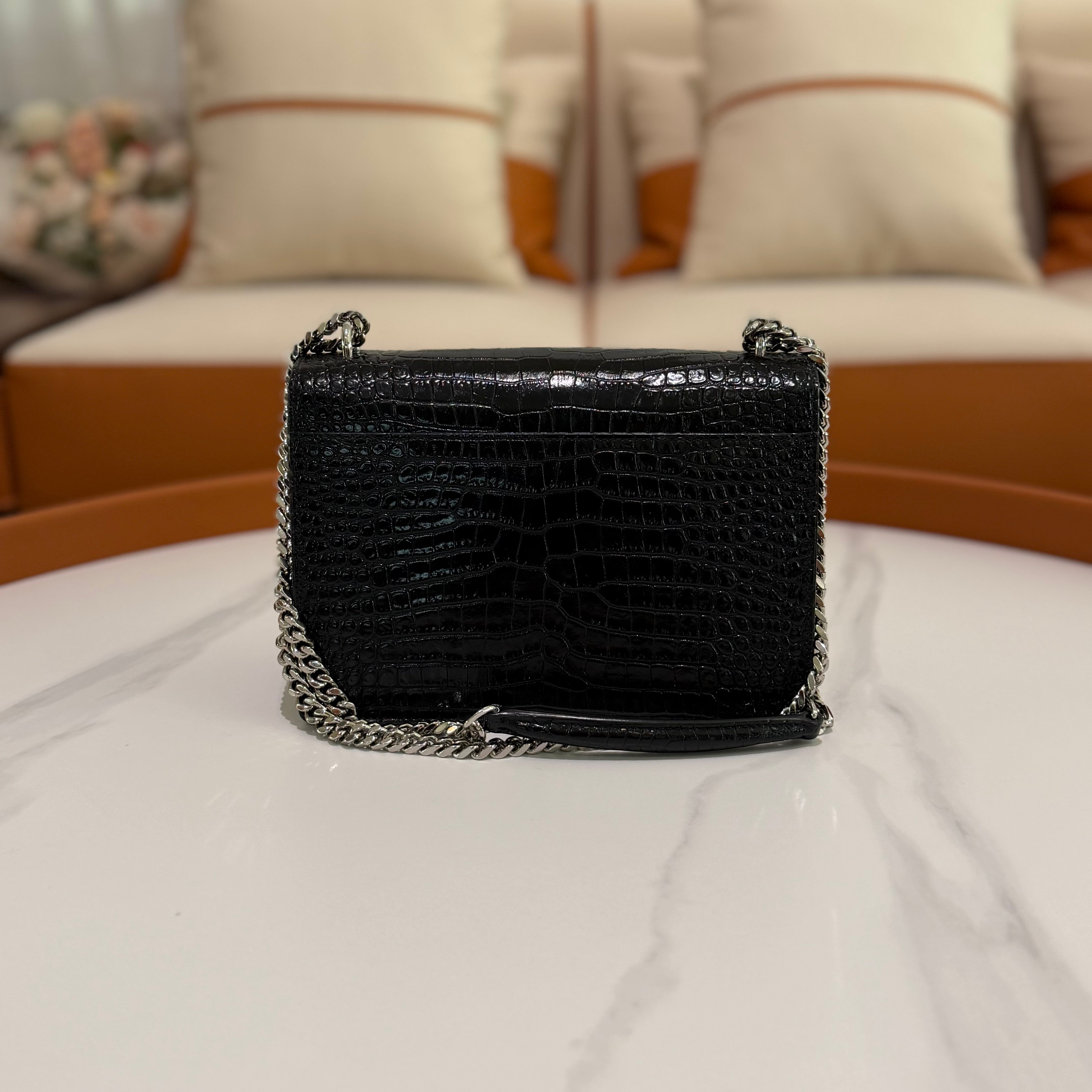 SAINT LAURENT SUNSET MEDIUM BLACK CROCODILE-EMBOSSED SHOULDER BAG