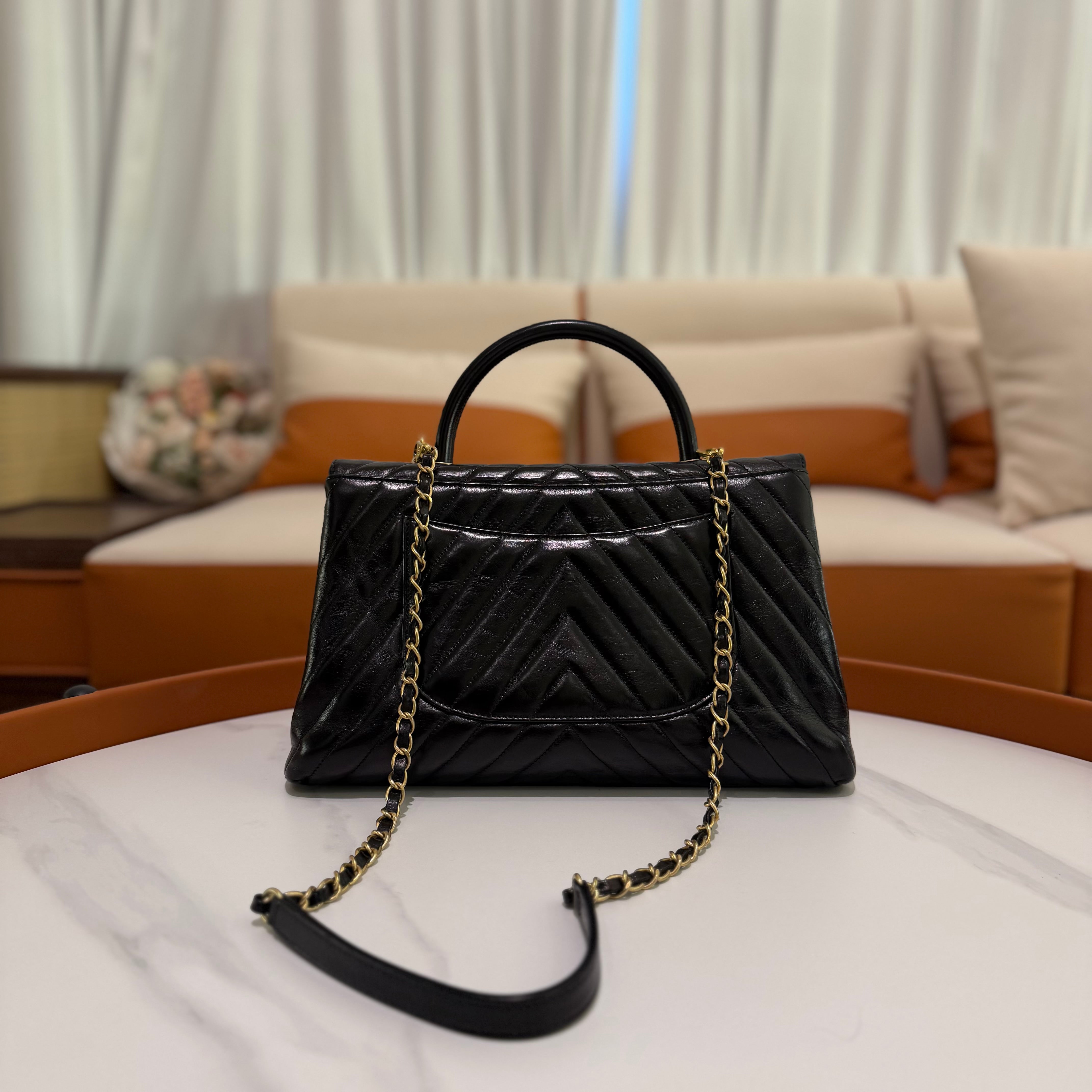 Chanel Coco Handle Medium Black Calfskin V-Quilted with Gold Hardware