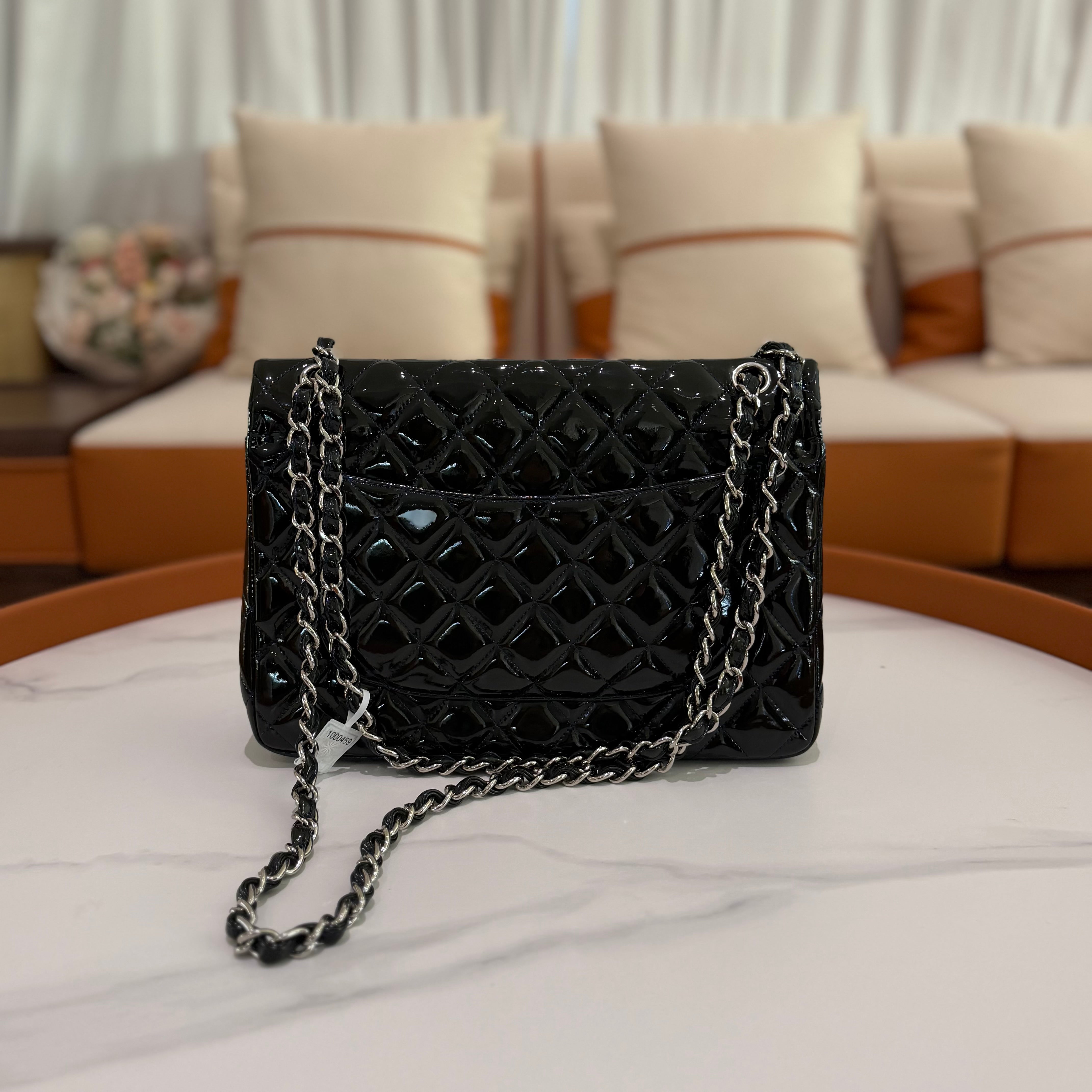 CHANEL Jumbo CF Green Patent Leather with Silver Hardware