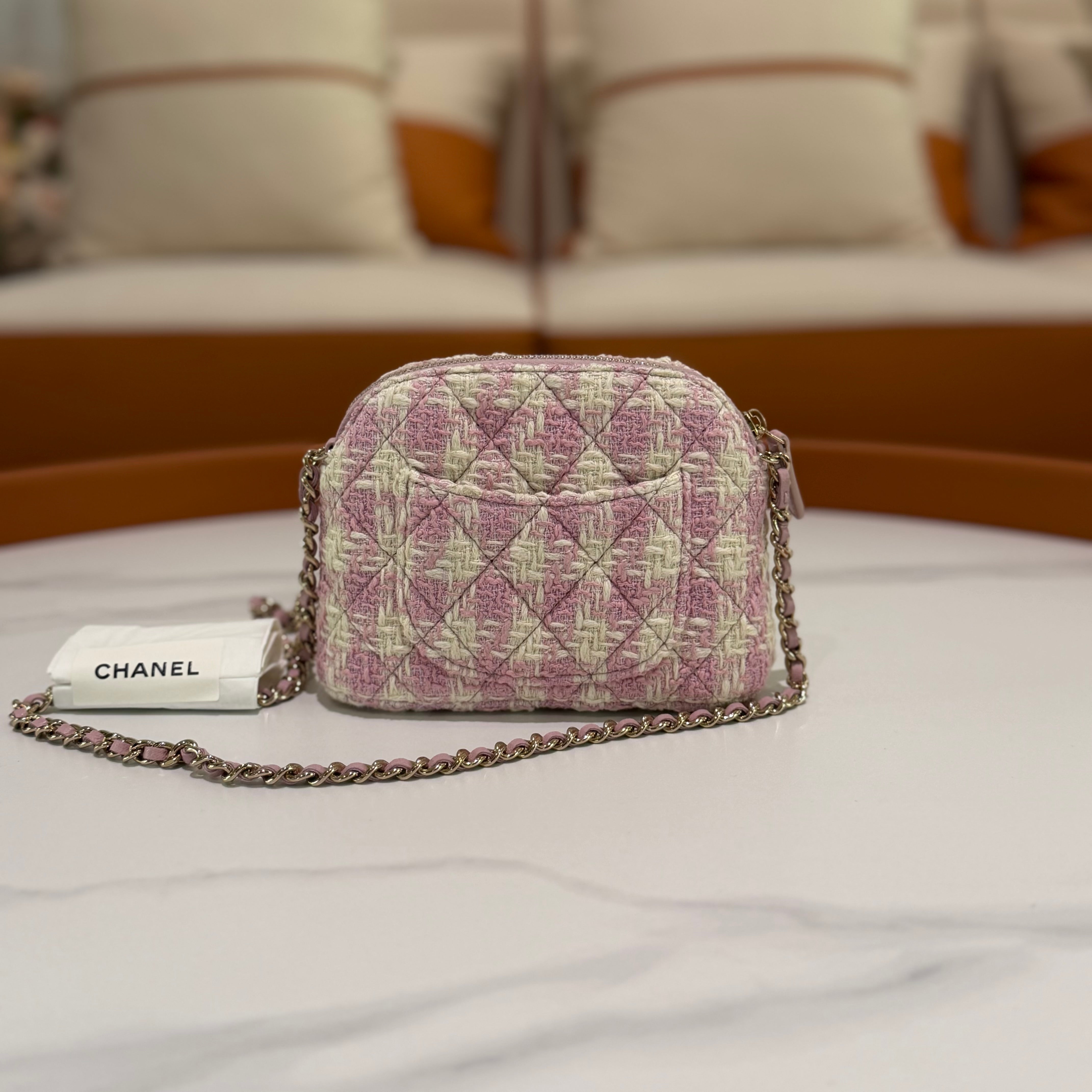 CHANEL Tweed Pink and White Woven Mini Shell Bag with Chip