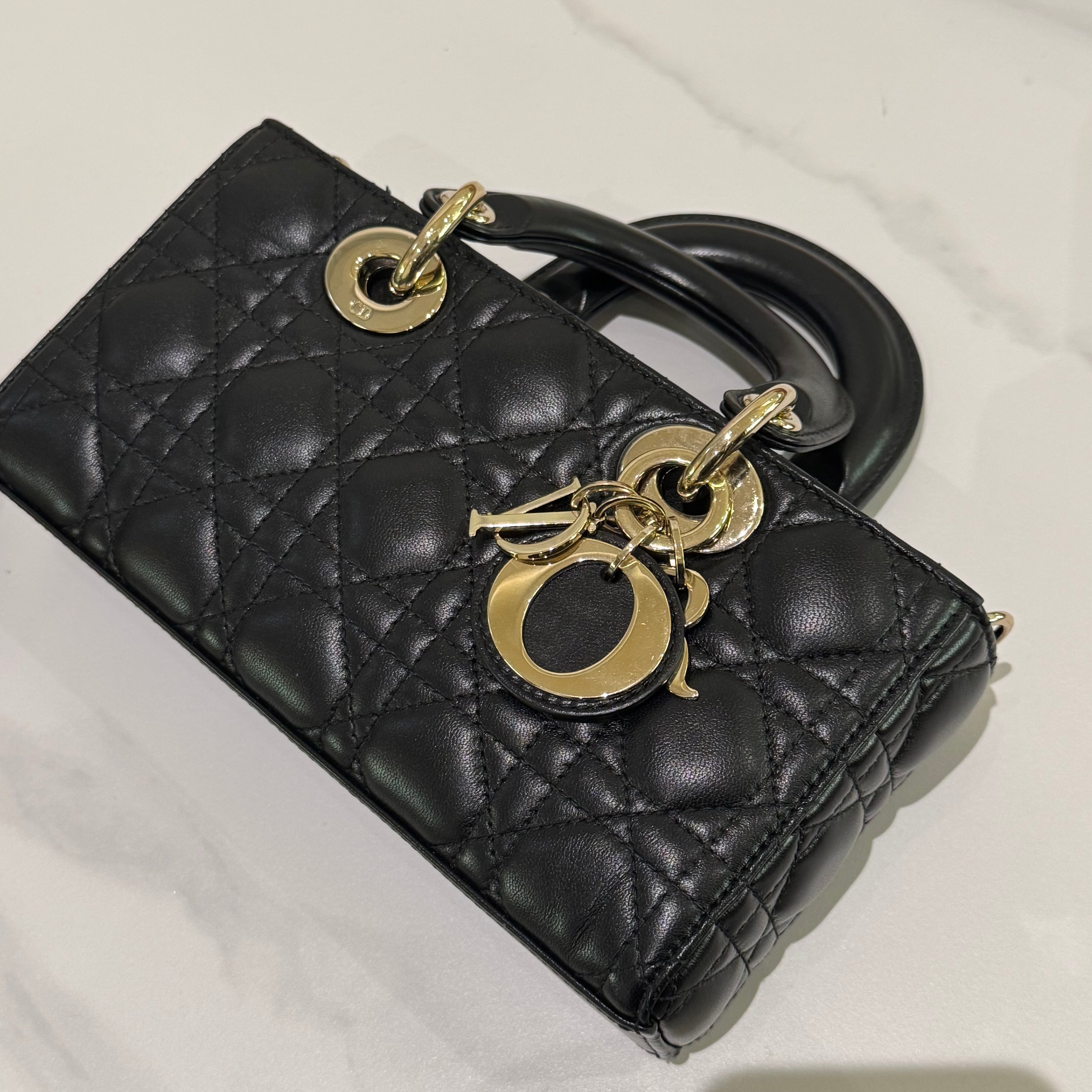 LADY DIOR HORIZONTAL SMALL BAG BLACK LAMBSKIN WITH GOLD HARDWARE