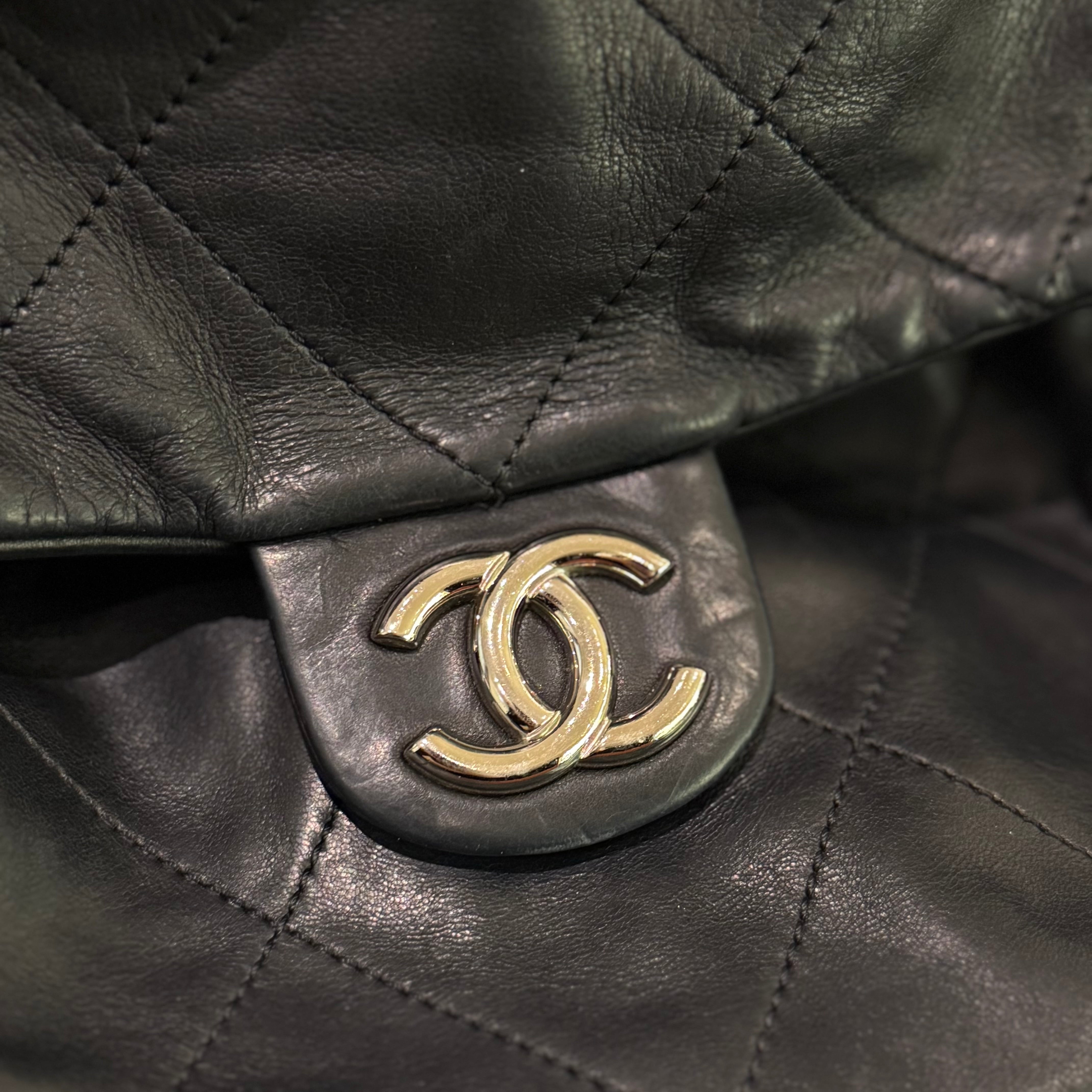 CHANEL SHOULDER BAG BLACK LAMBSKIN WITH SILVER HARDWARE STRUCTURED BASE