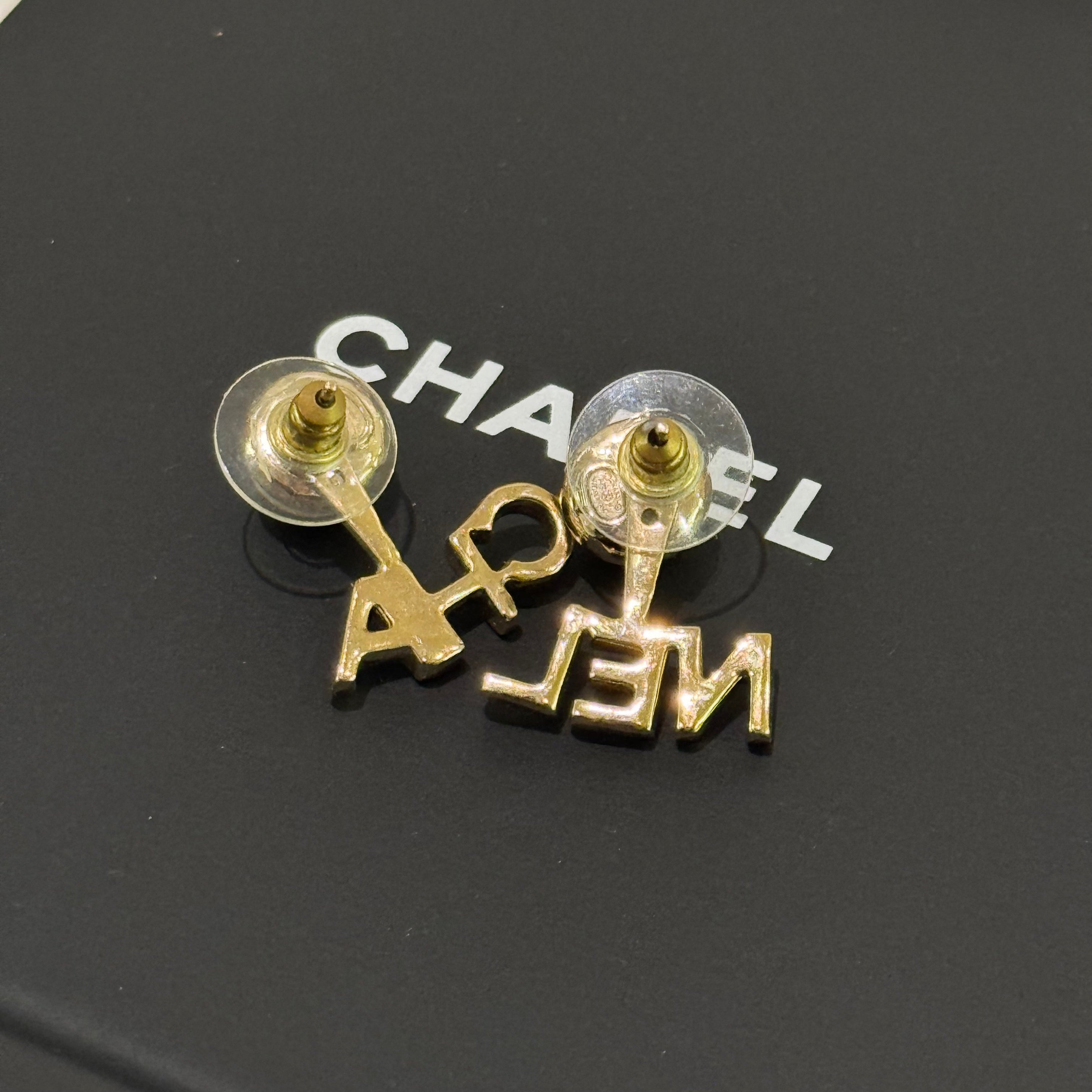 CHANEL DETACHABLE LOGO PEARL CRYSTAL EARRINGS