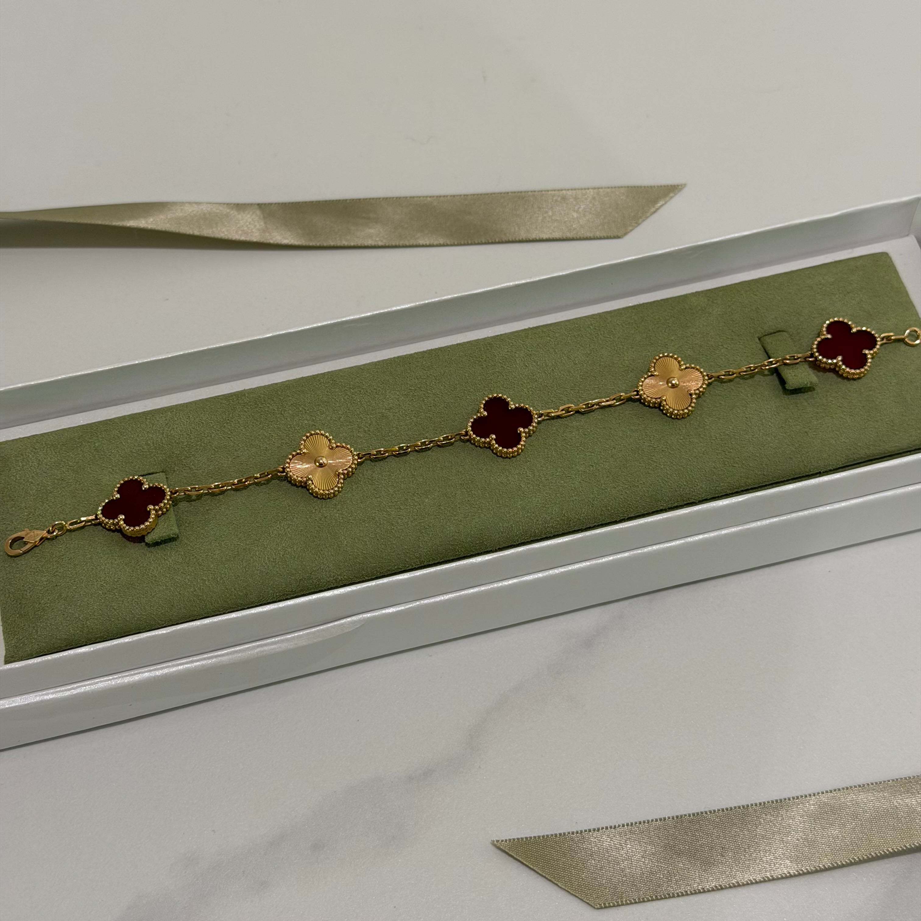 VAN CLEEF & ARPELS ALHAMBRA BRACELET ROSE GOLD WITH LASER-CARVED RED CARNELIAN FIVE MOTIFS