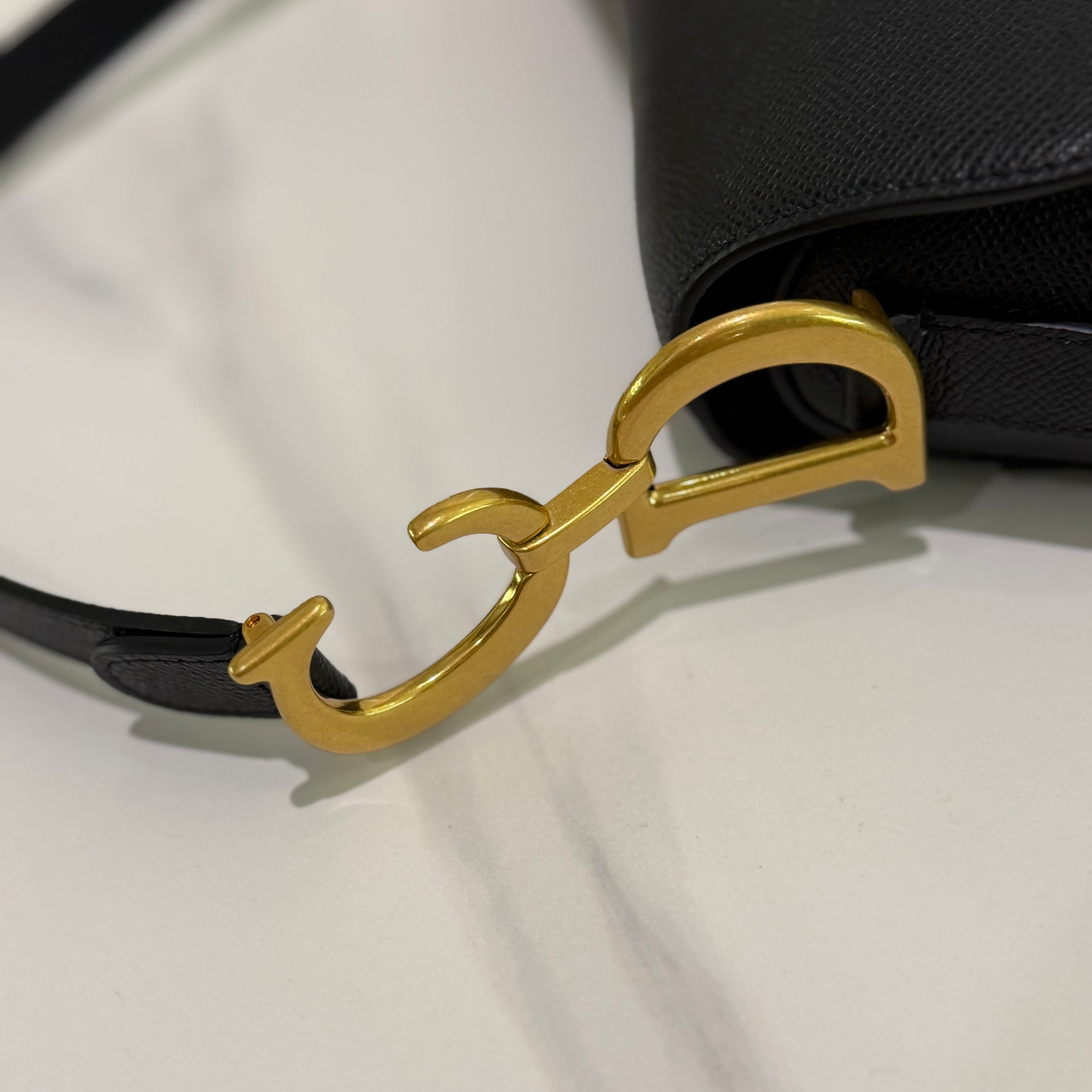 Dior Saddle Medium Black Grained Leather with Gold Hardware Top Handle & Shoulder Bag