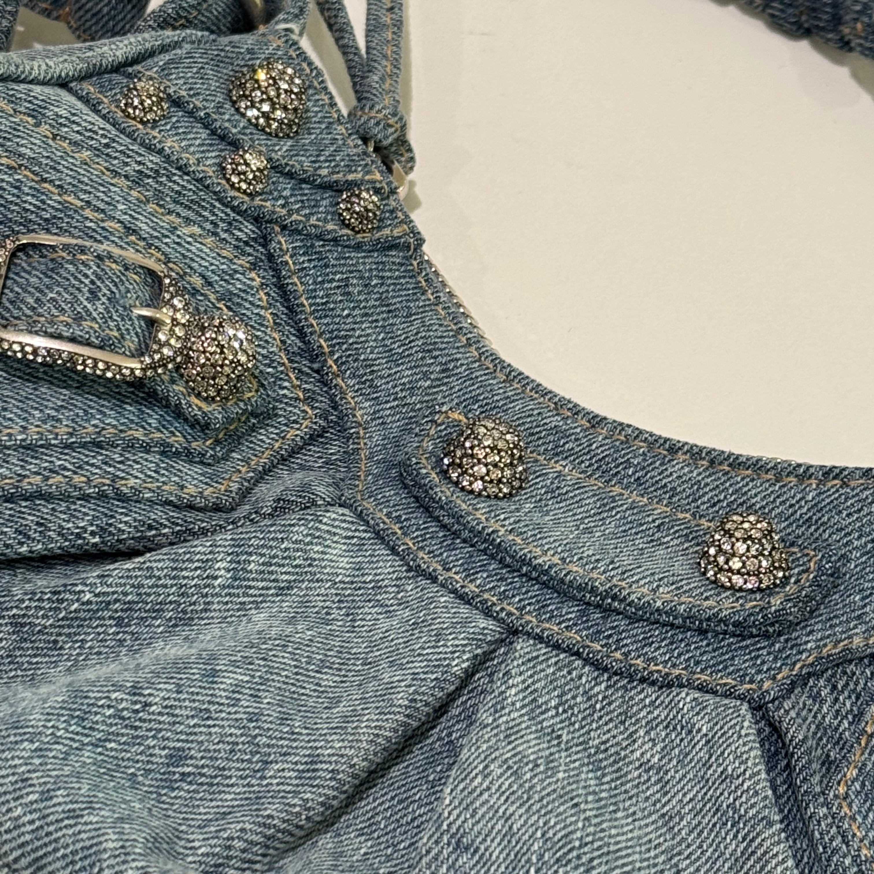 BALENCIAGA LE CAGOLE XS DENIM RHINESTONE MOON BAG