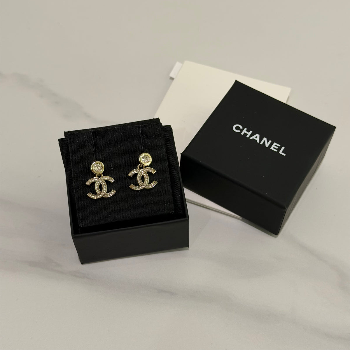 Chanel Gold-Tone Crystal Double CC Dangle Earrings | CHANEL