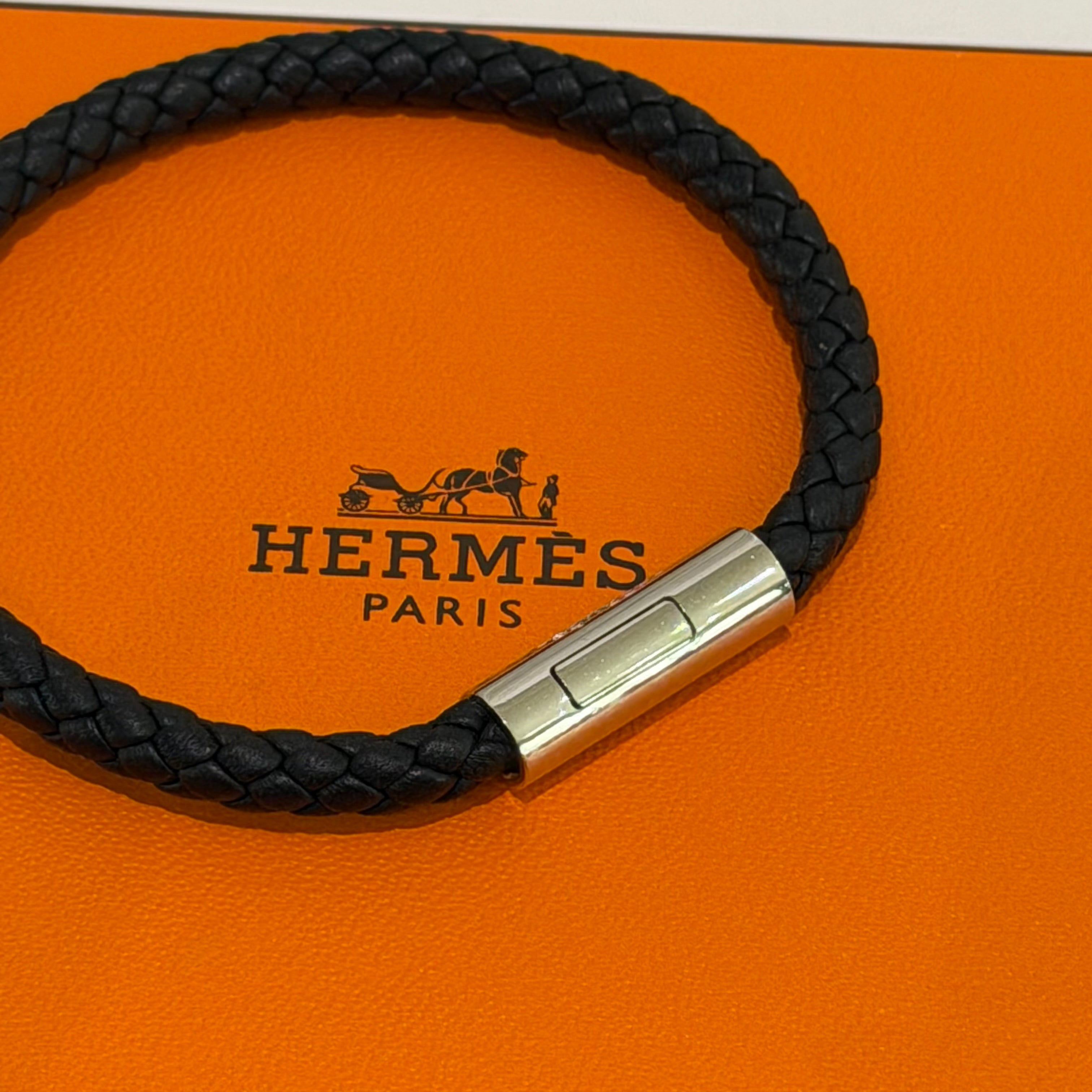 Hermes Black & Silver Leather Braided Bracelet