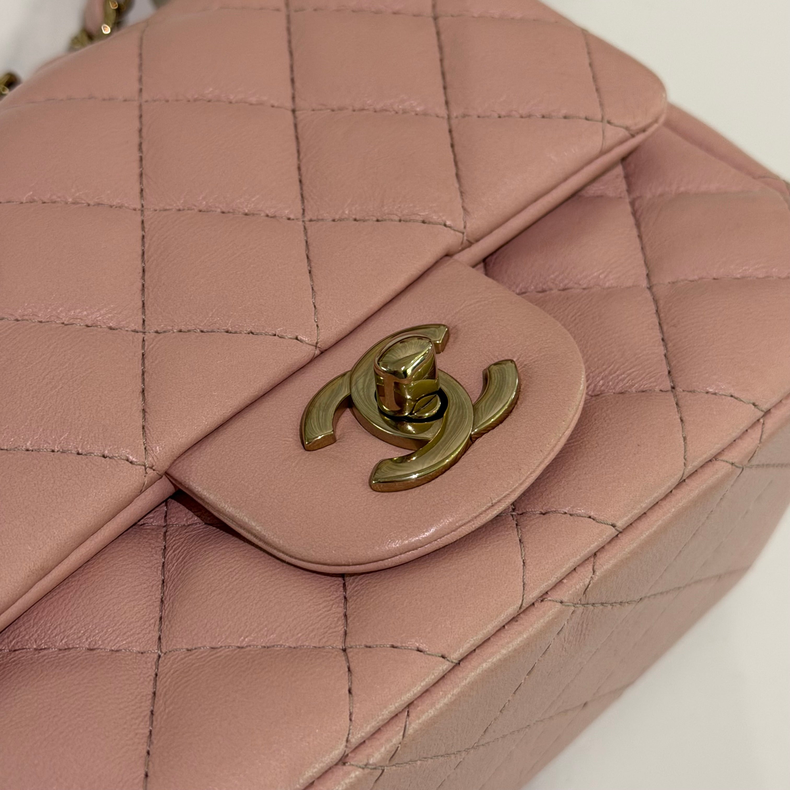CHANEL CLASSIC FLAP MINI RECTANGULAR PINK LAMBSKIN WITH GOLD HARDWARE (CHIP MODEL)