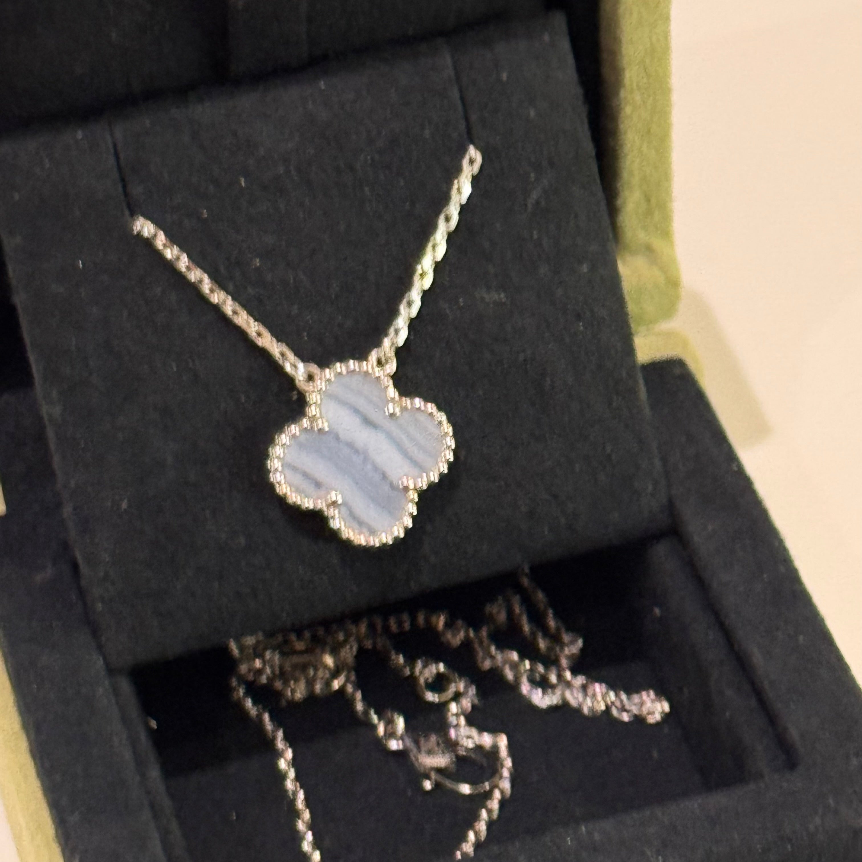 VAN CLEEF & ARPELS VINTAGE ALHAMBRA NECKLACE WHITE GOLD WITH WHITE CHALCEDONY