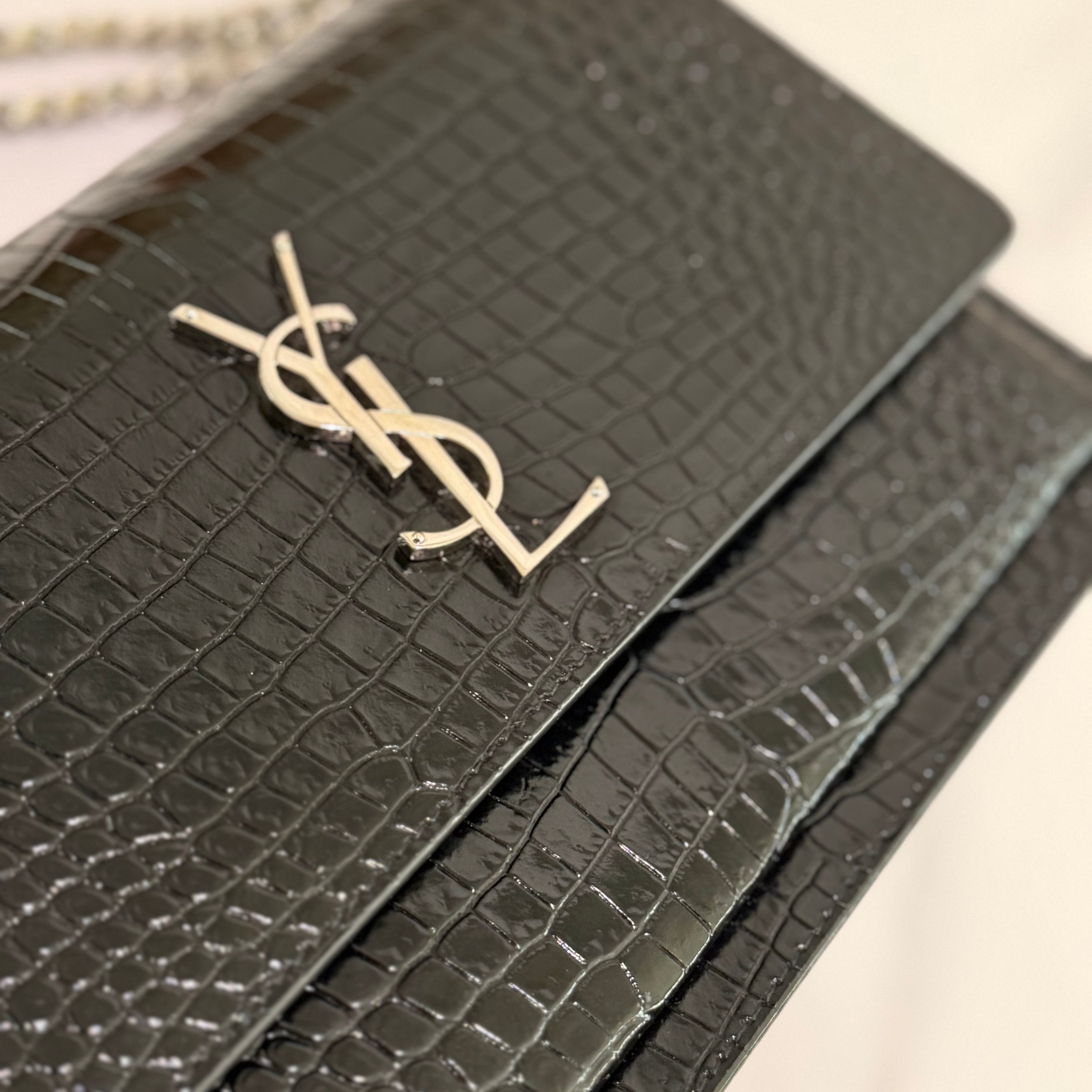 SAINT LAURENT SUNSET MEDIUM BLACK CROCODILE-EMBOSSED SHOULDER BAG