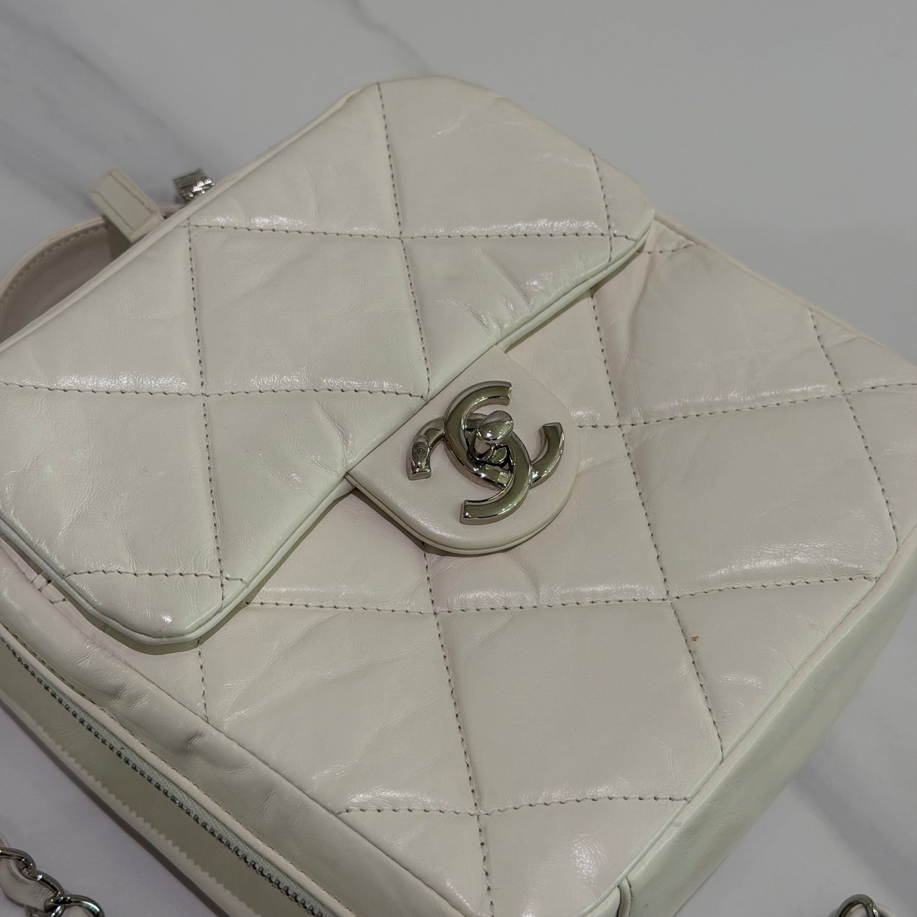 Chanel Camera Bag White & Silver Distressed Calfskin