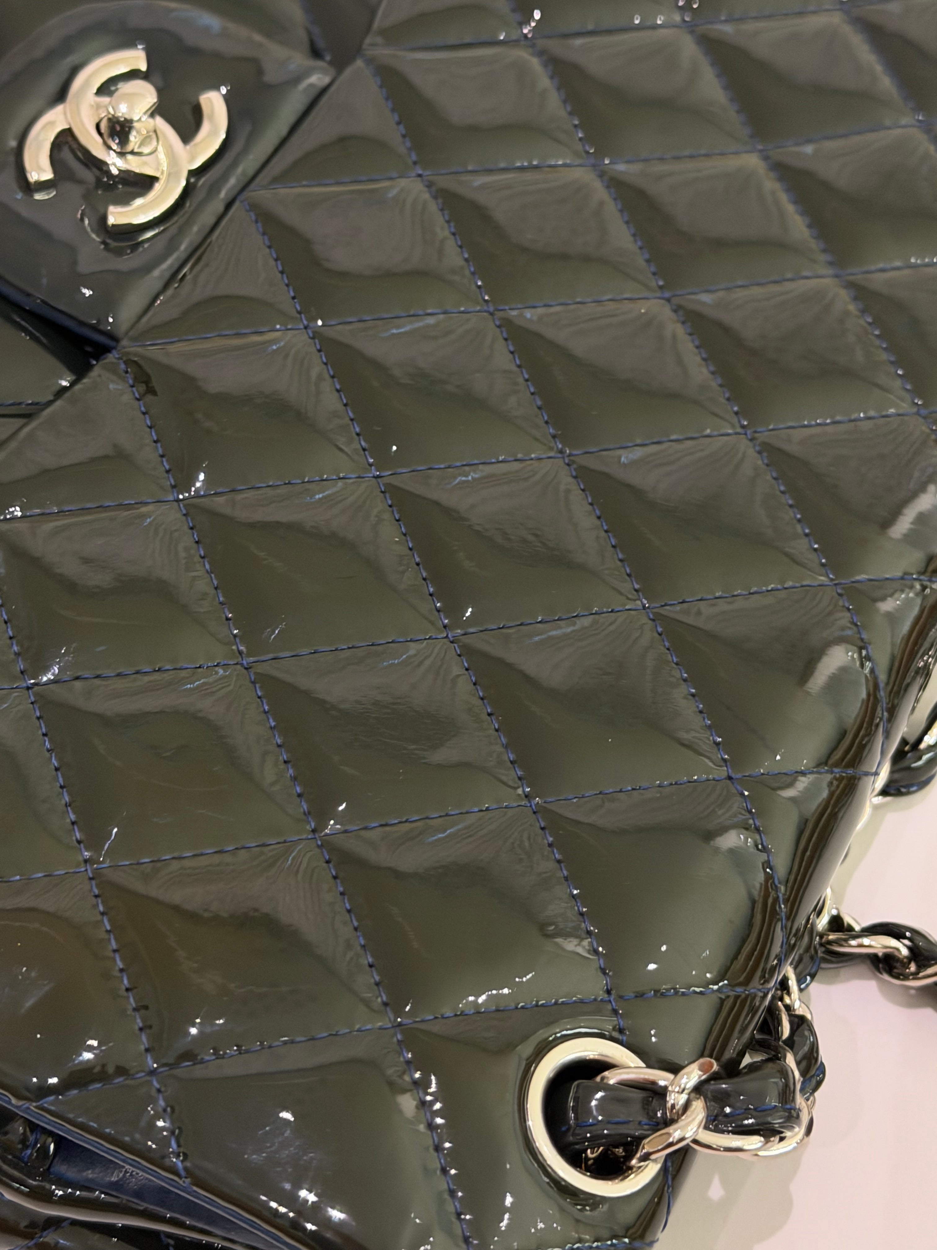 CHANEL Jumbo CF Green Patent Leather with Silver Hardware