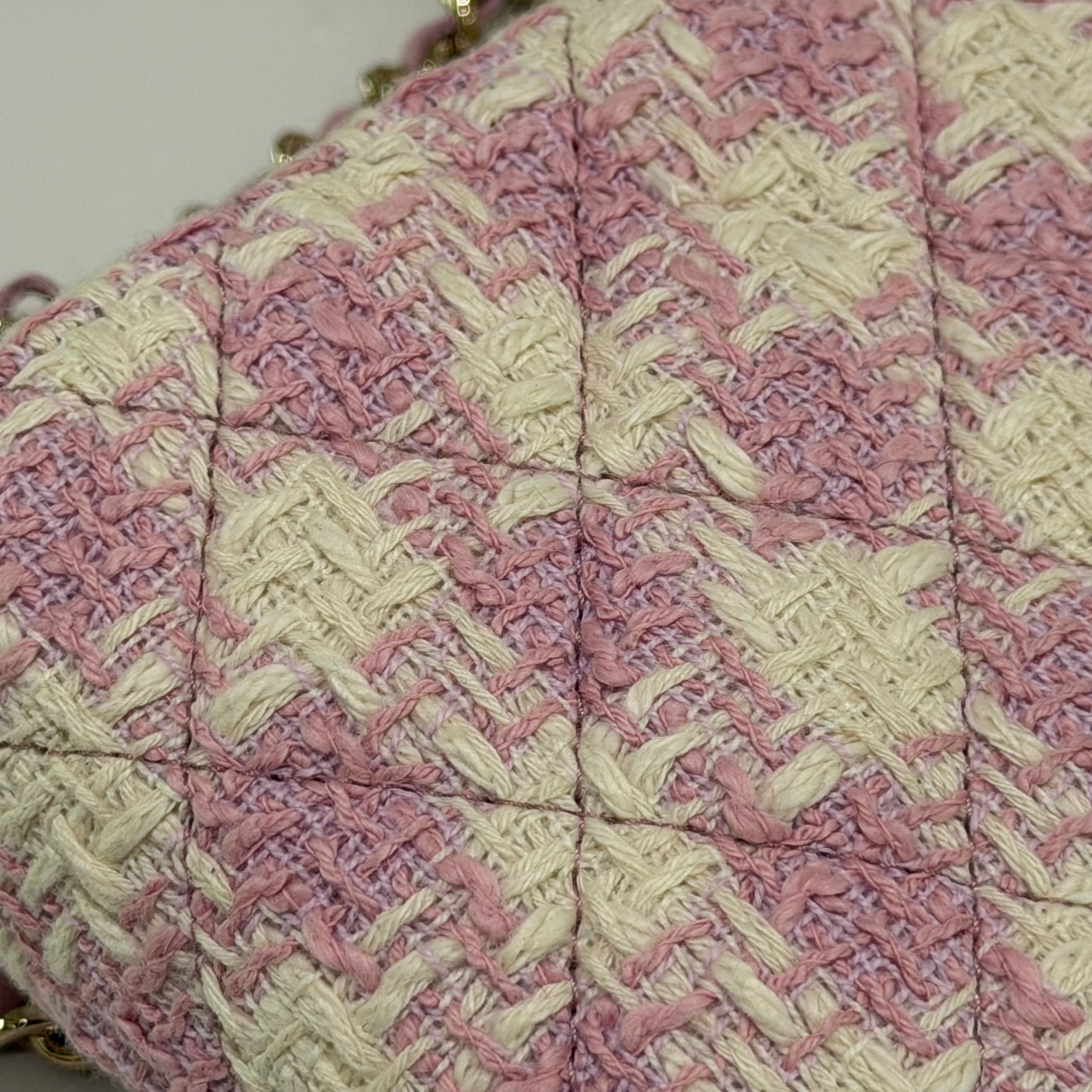 CHANEL Tweed Pink and White Woven Mini Shell Bag with Chip
