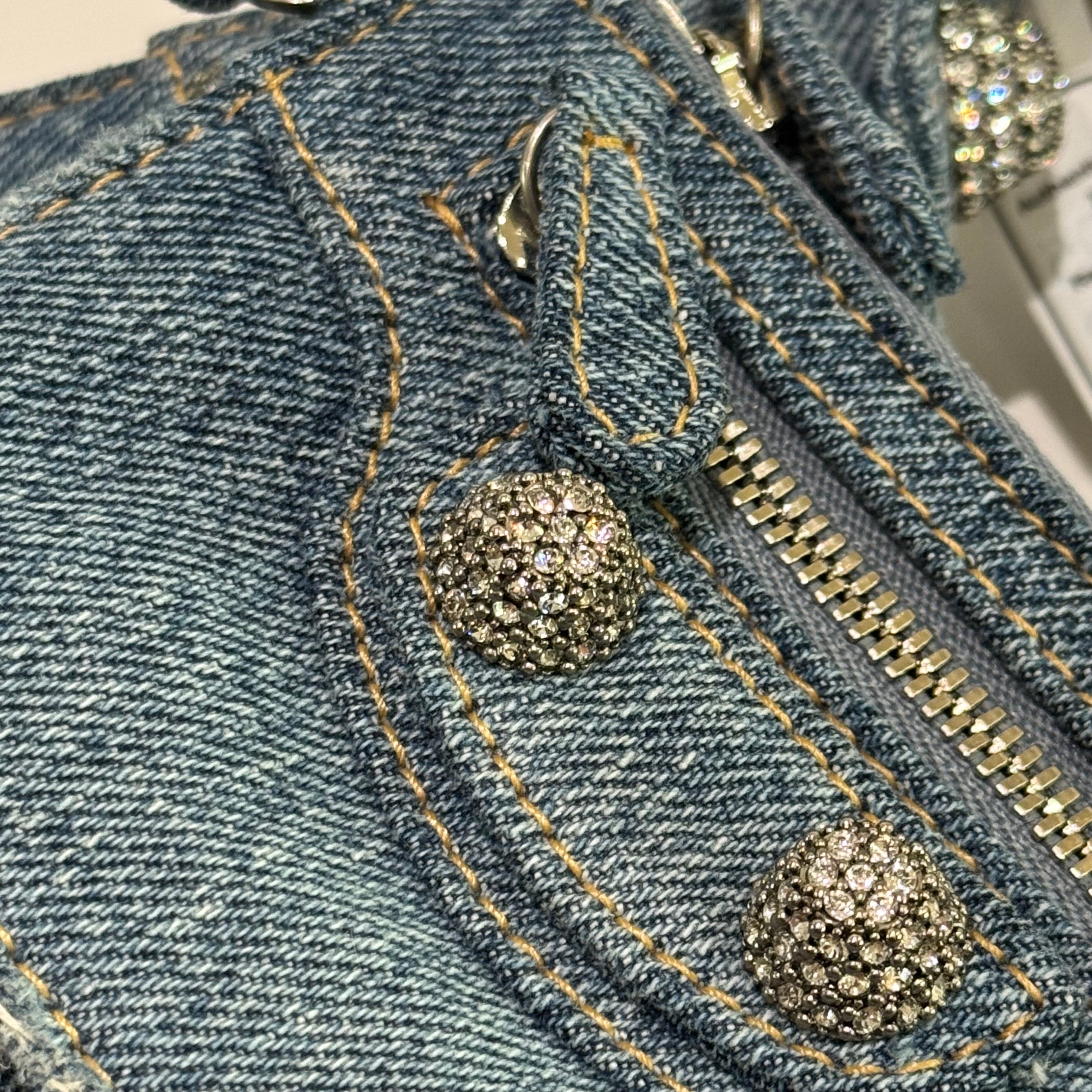 BALENCIAGA LE CAGOLE XS DENIM RHINESTONE MOON BAG