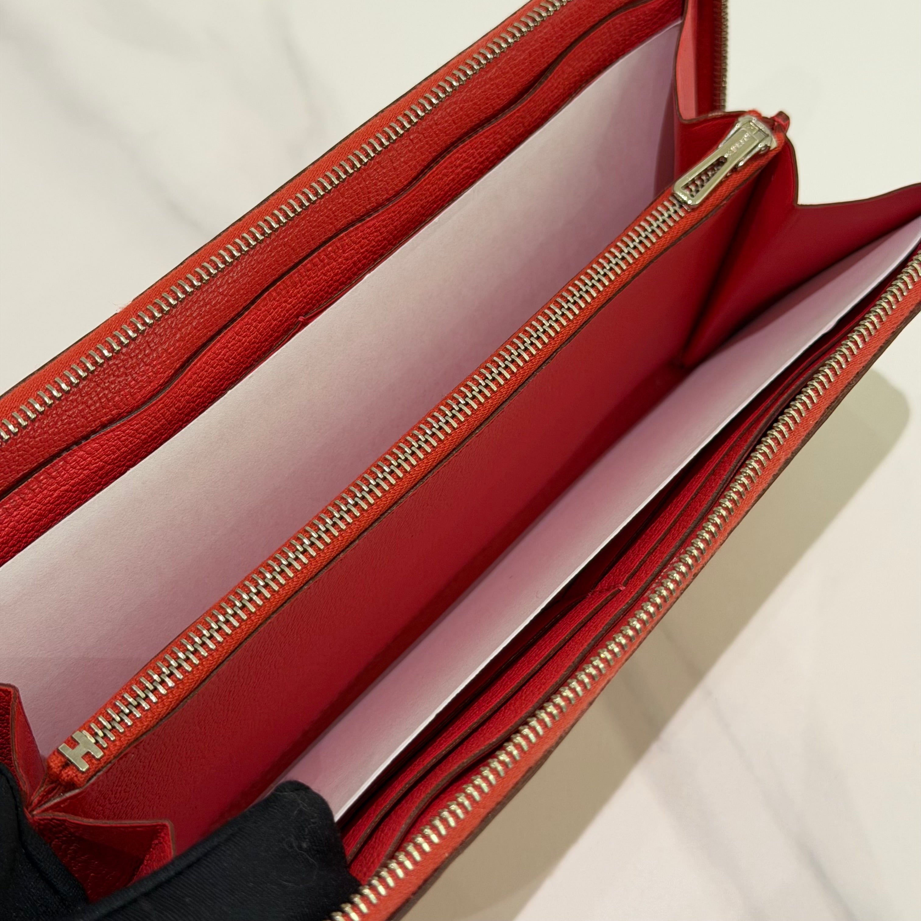 Hermes Ostrich Leather Long Zip Wallet Coral Pink